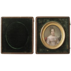 Antique Miniature Portrait Painting Lovely Woman circa 1840 Travel Frame