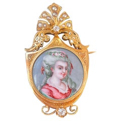 Miniature Portraits Diamonds Pearls Yellow Gold Double-sided French Brooch