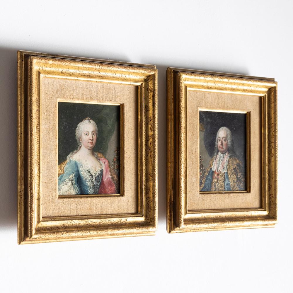 Miniature portraits of the imperial couple Franz I and Maria Theresa designed as pendants.
Oil on sheet metal.
Gold-patinated, moulded frames with passepartout.
Unsigned. 
Image size: 12.5 x 10.5 cm