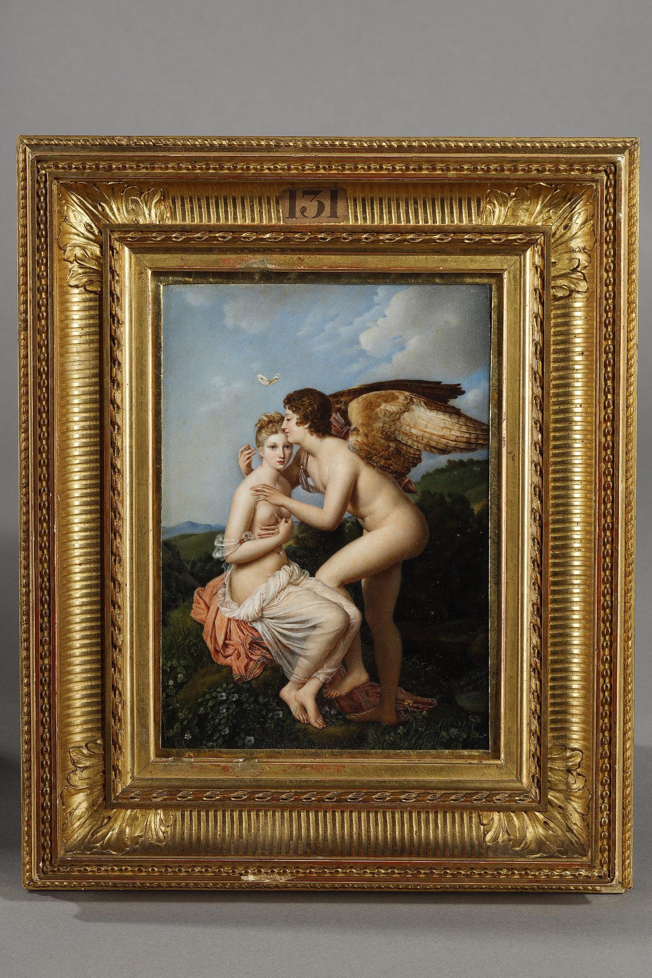 Miniature rectangulaire représentant Psyché et l'Amour (Louvre) d'après François Gerard (1770-1837) signée J. Barret du Coudert, titrée en bas à droite et datée 1859. Cadre en bois et stuc doré avec décor de frise dans un beau coffret d'Alphonse