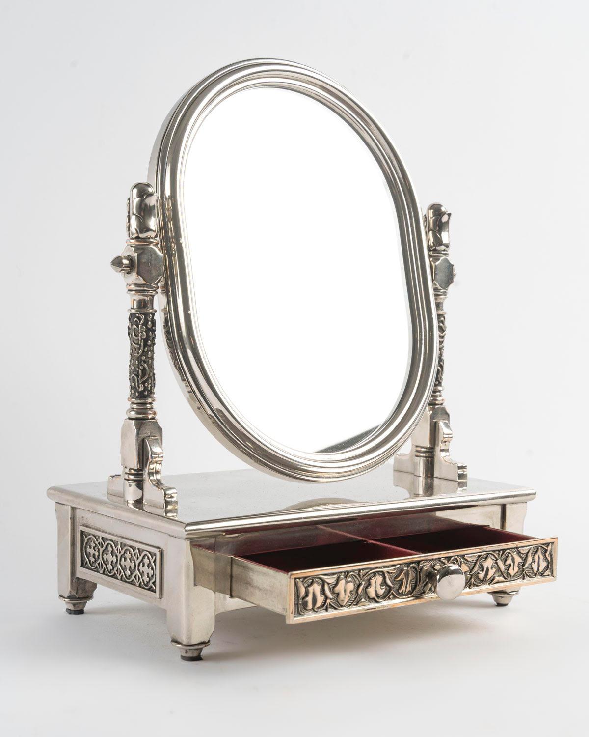 Argenté Psyché miniature, miroir de table, boîte à bijoux, 20e siècle. en vente