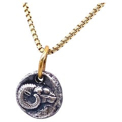 Miniature Ram Coin Pendant Amulet, Sterling Silver & 24K Yellow Gold