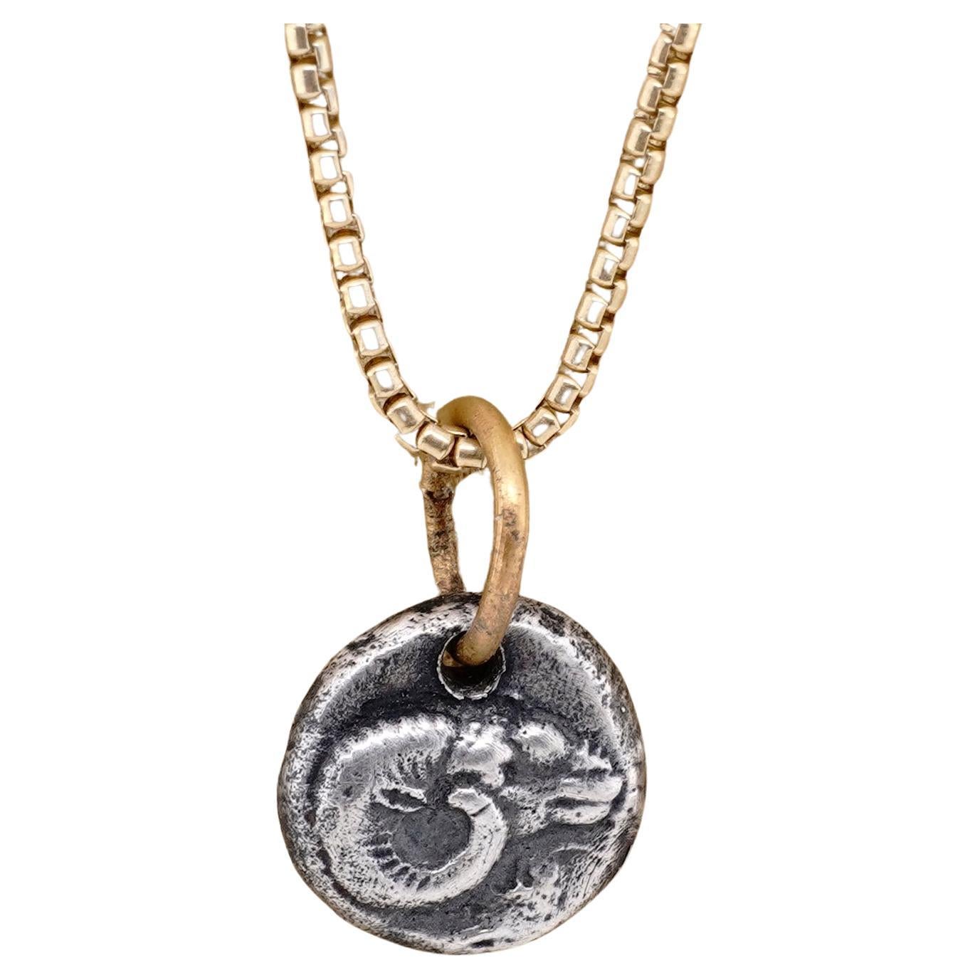 Double-Sided, Miniature Ram Coin Amulet, 24kt Gold and Silver, by Prehistoric Works of Istanbul, Turkey. Pendant: Sterling Silver with 24K Gold, miniature pendant, 10mm, comes with 14kt gold vermeil box chain, 16