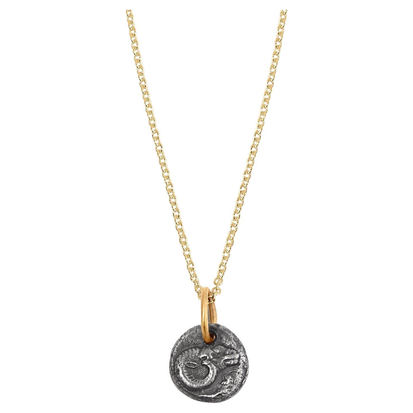 Miniature Ram Coin Pendant Amulet, Sterling Silver & 24K Yellow Gold For Sale