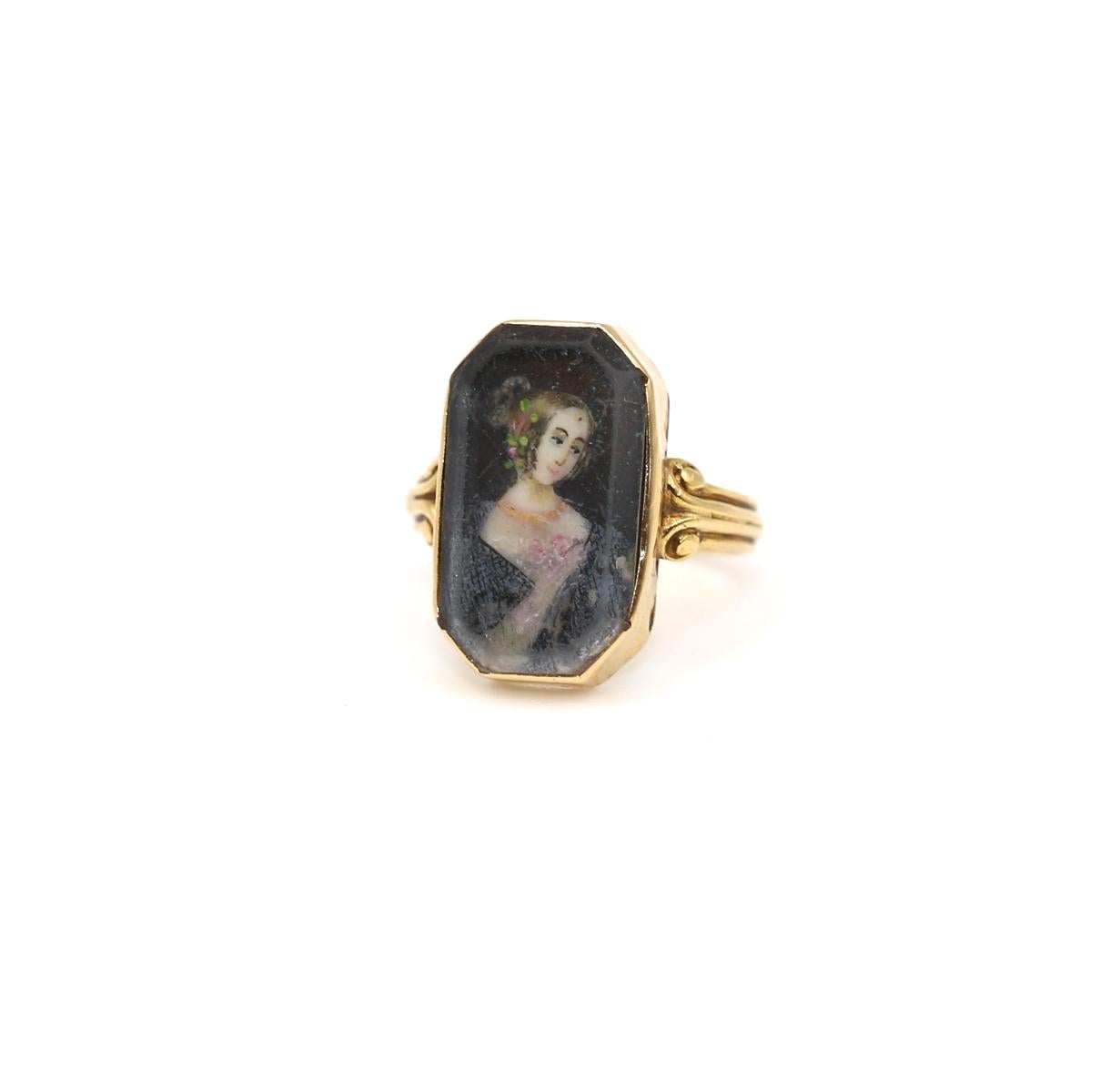 Miniaturring 18K Gold Damenportrait Blumen, 1820 im Angebot 1