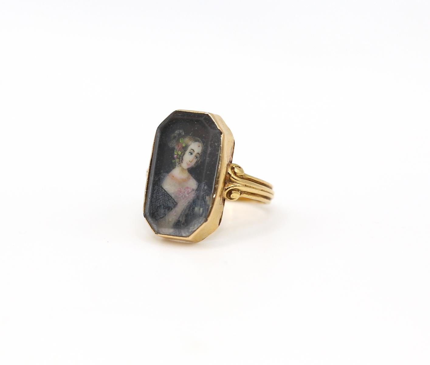 Miniaturring 18K Gold Damenportrait Blumen, 1820 im Angebot 2