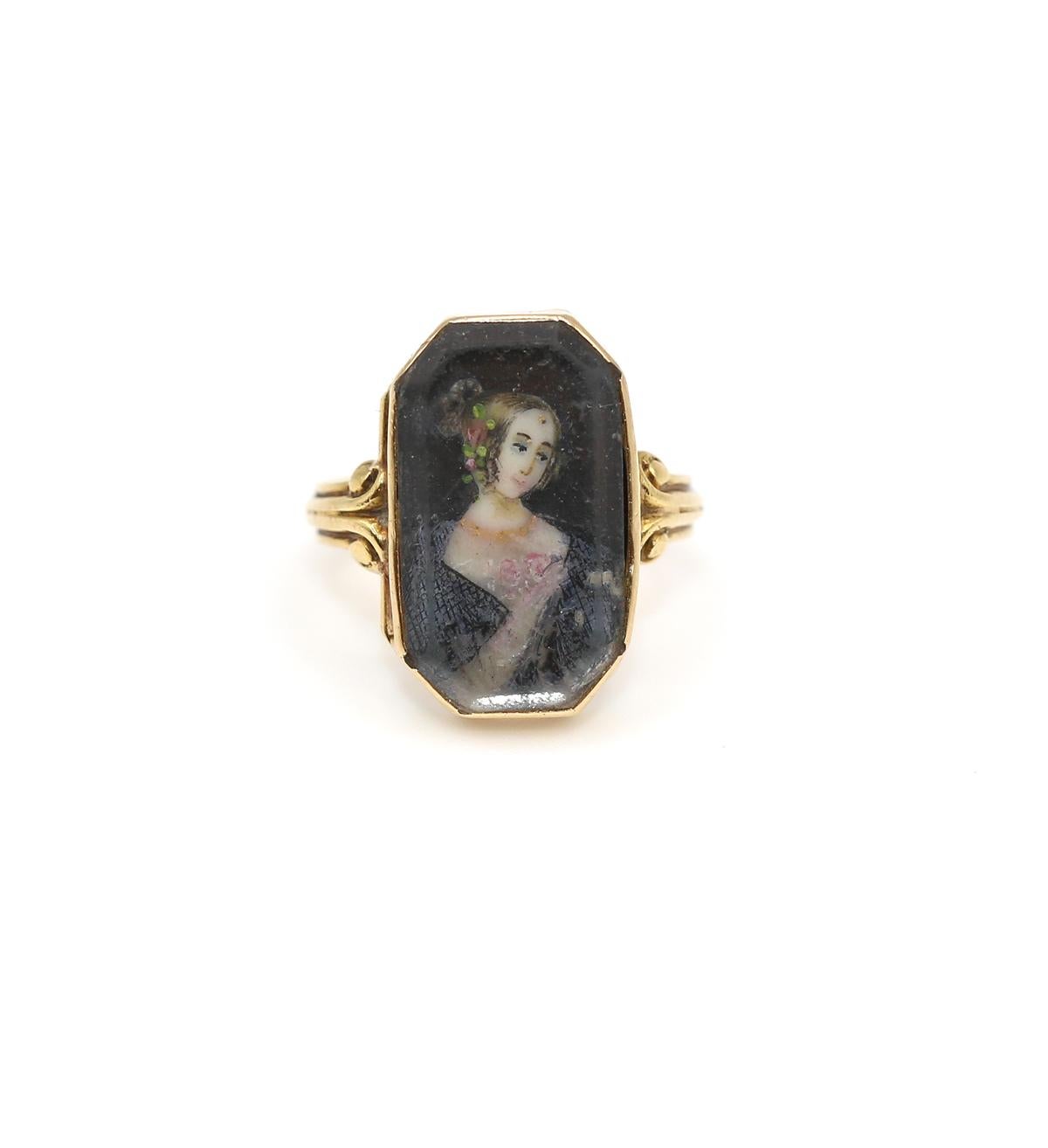 Miniaturring 18K Gold Damenportrait Blumen, 1820 im Angebot 3