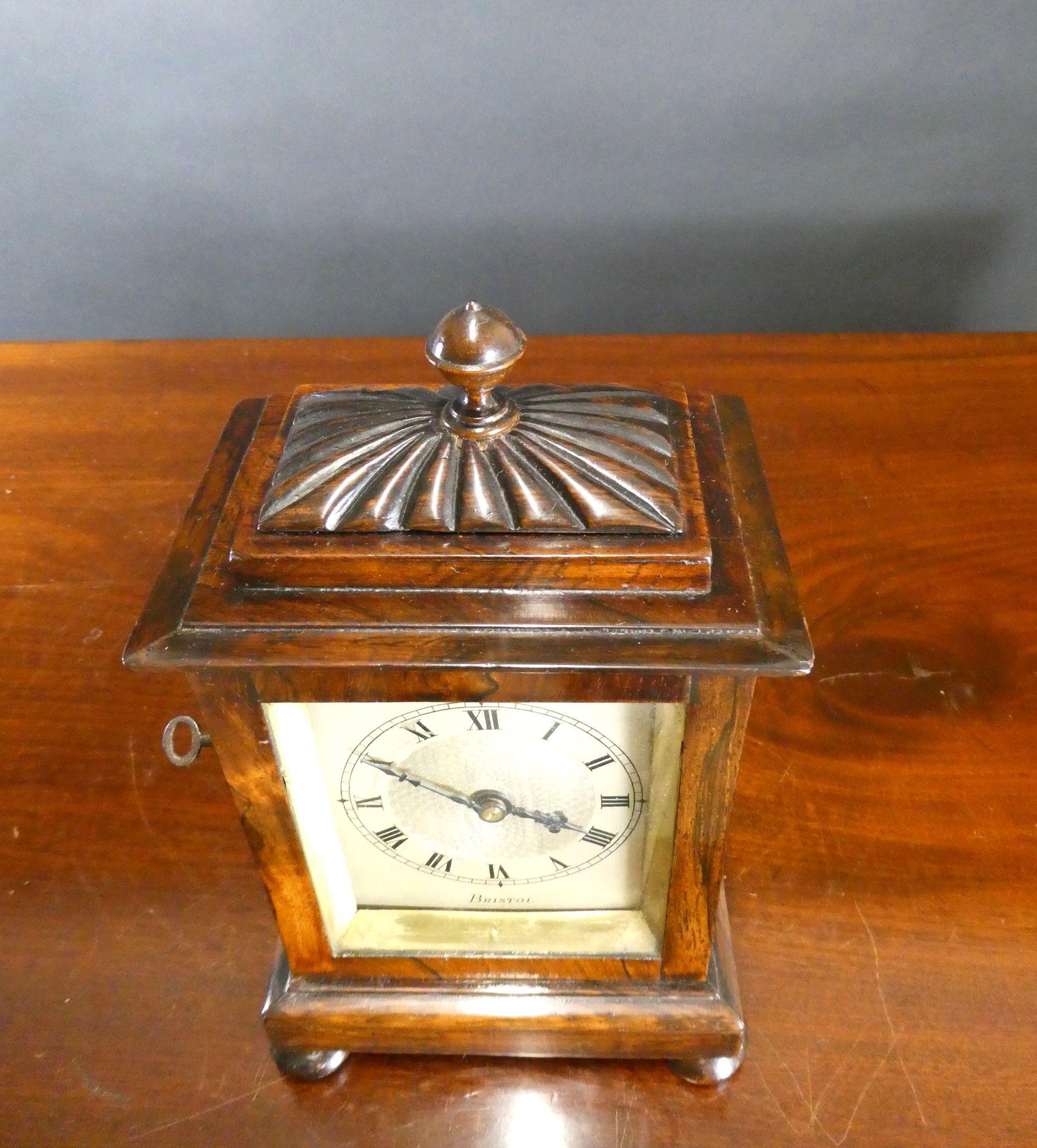 Miniature Rosewood Antique Mantel Clock, Edward Bird, Bristol In Good Condition For Sale In Norwich, GB