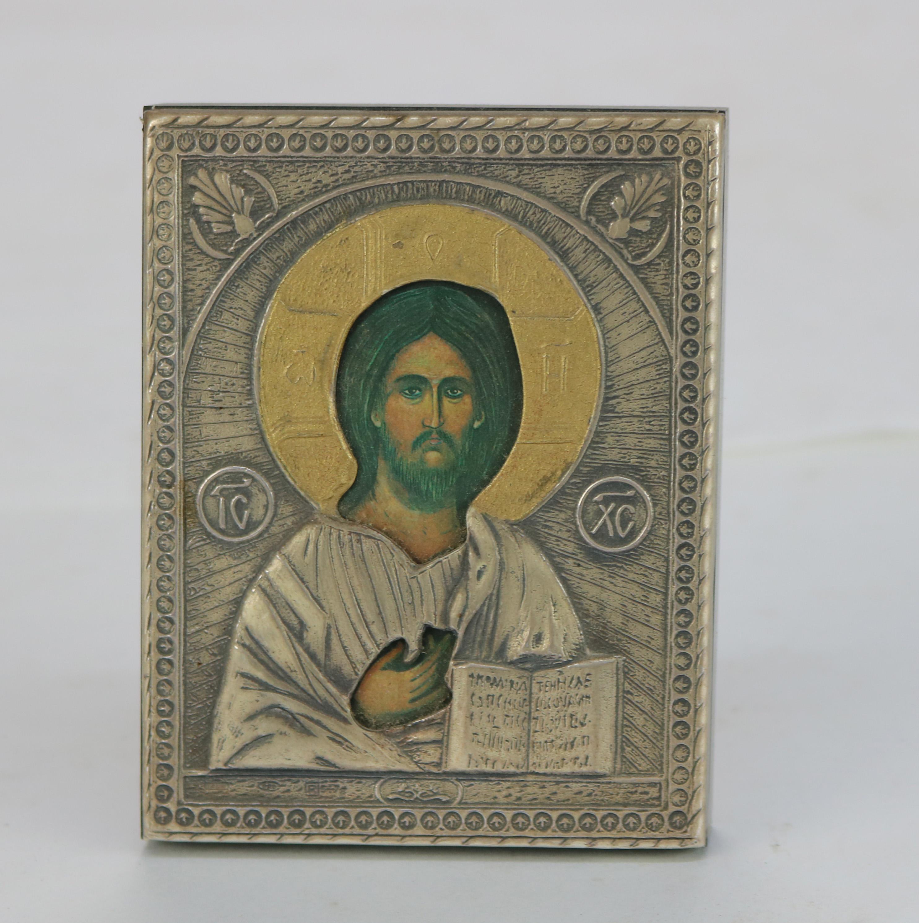 Miniatur russische Ikone Porträt von Jesus in Sterling Silber 20thtC
4 1/4