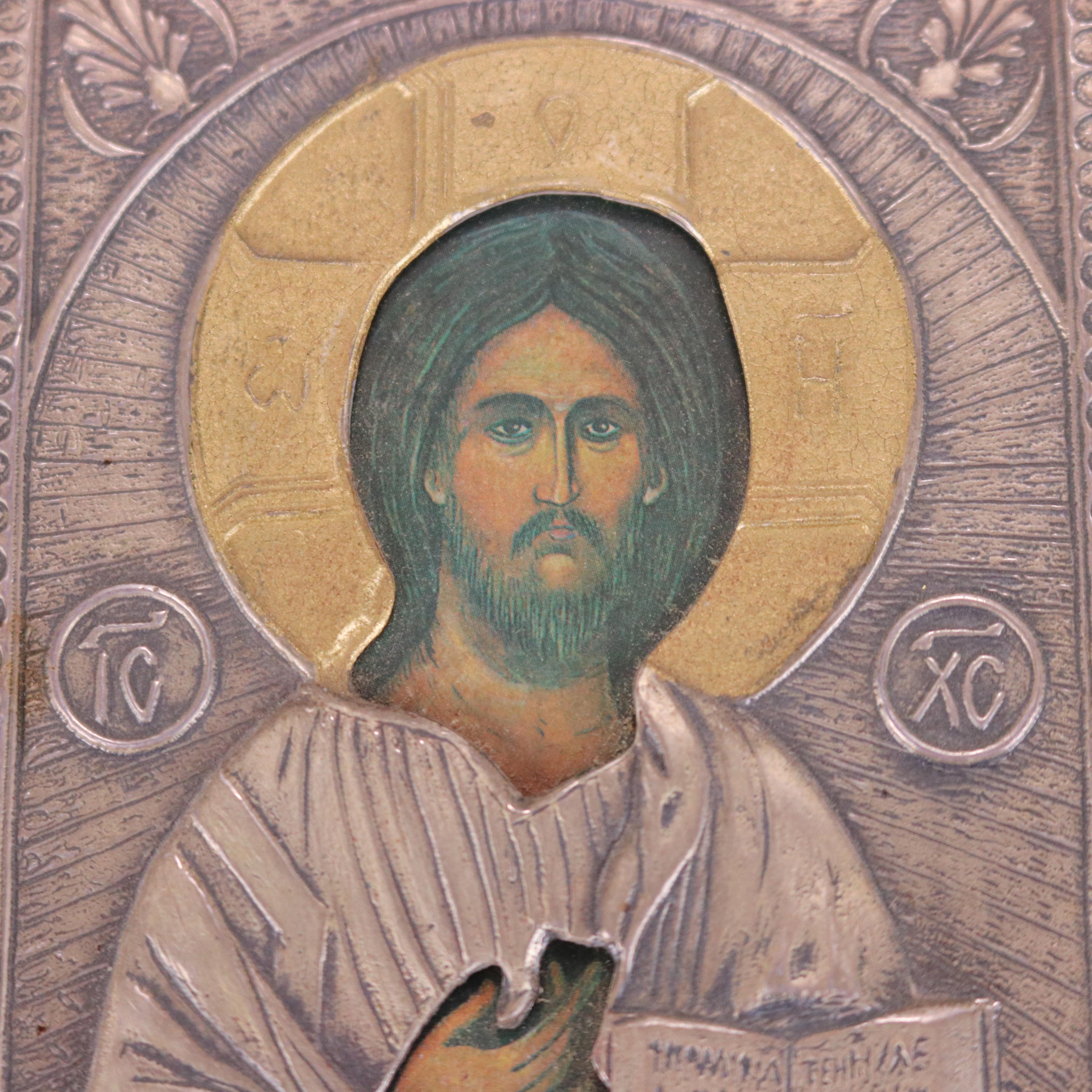 Miniatur russische Ikone Porträt von Jesus in Sterling Silber 20thtC (Holz) im Angebot
