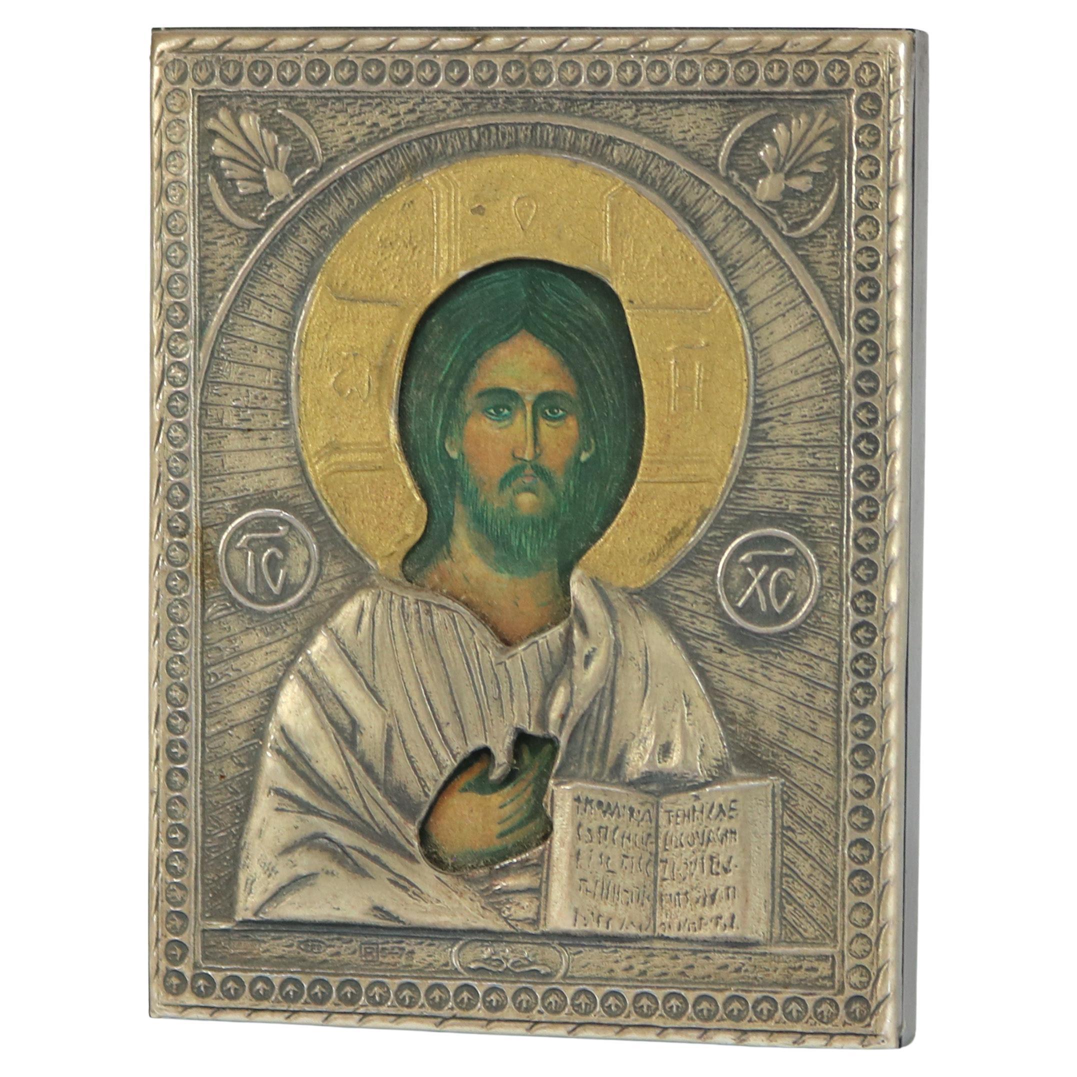 Miniature Russian Icon Portrait Of Jesus Encased In Sterling Silver 20thtC