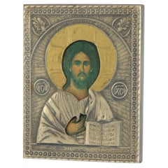 Icone russe in miniatura con ritratto di Gesù in argento massiccio del XX secolo