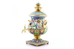 Miniature Russian-style silver samovar with Cloisonné enamel