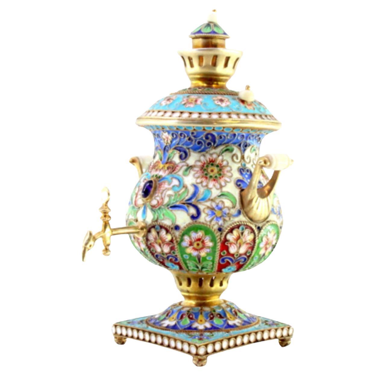 Miniature Russian-style silver samovar with Cloisonné enamel