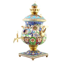 Miniature Russian-style silver samovar with Cloisonné enamel