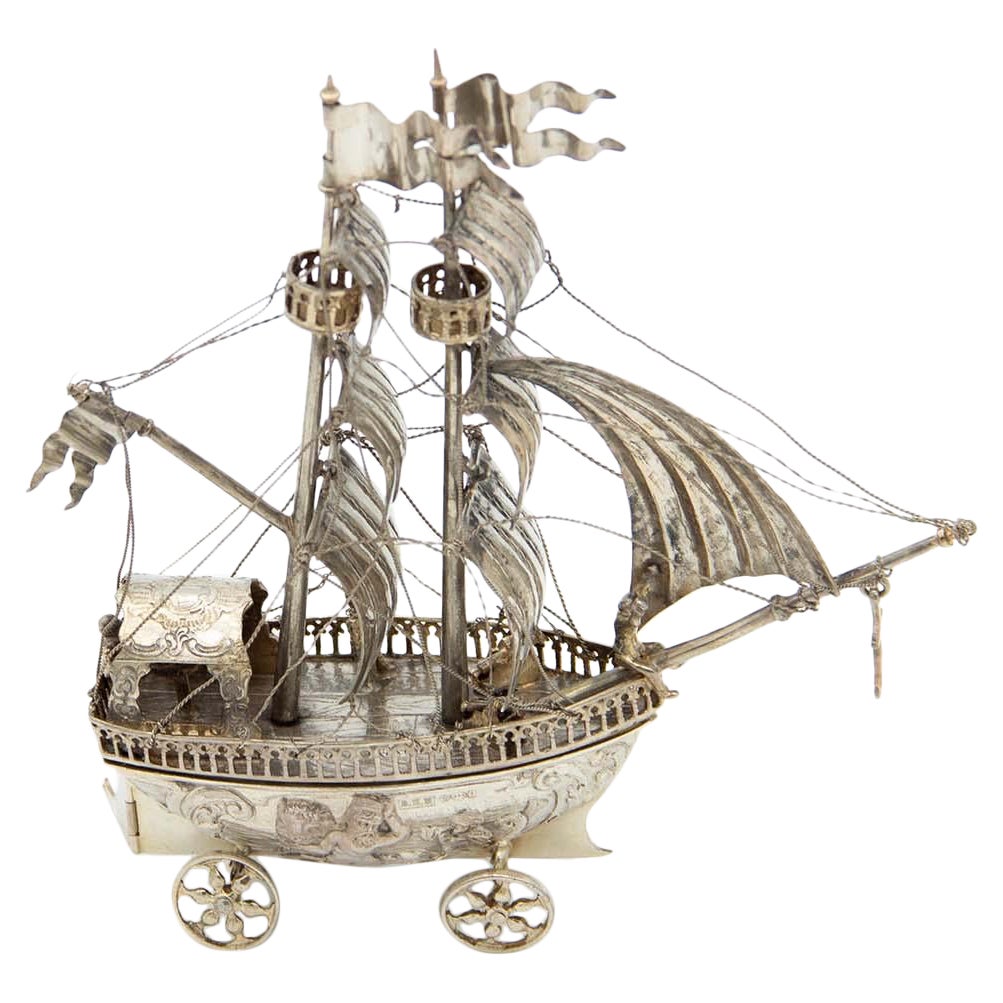 Miniature sailing boat in silver, richly defined with reliefs
