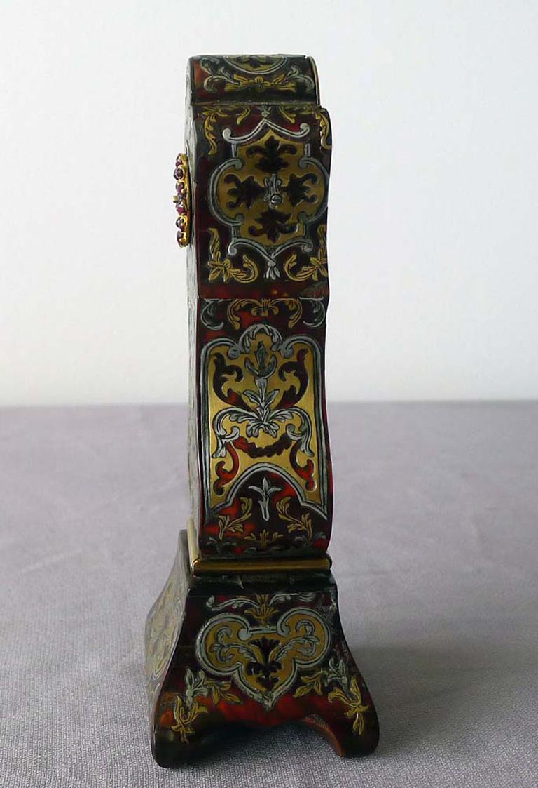 English Miniature Scarlet Tortoiseshell, Pewter and Brass Boulle Longcase Clock For Sale