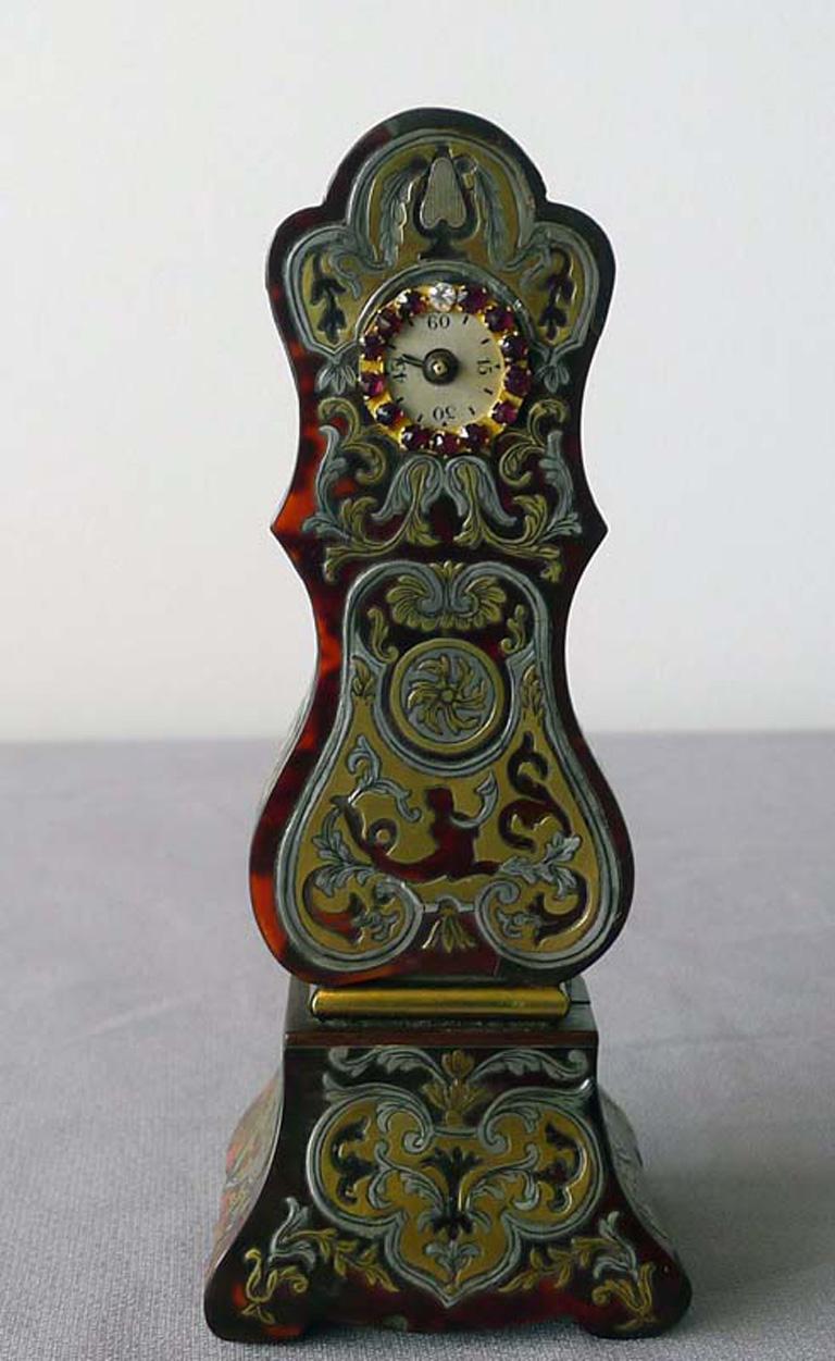 Miniature Scarlet Tortoiseshell, Pewter and Brass Boulle Longcase Clock For Sale 1