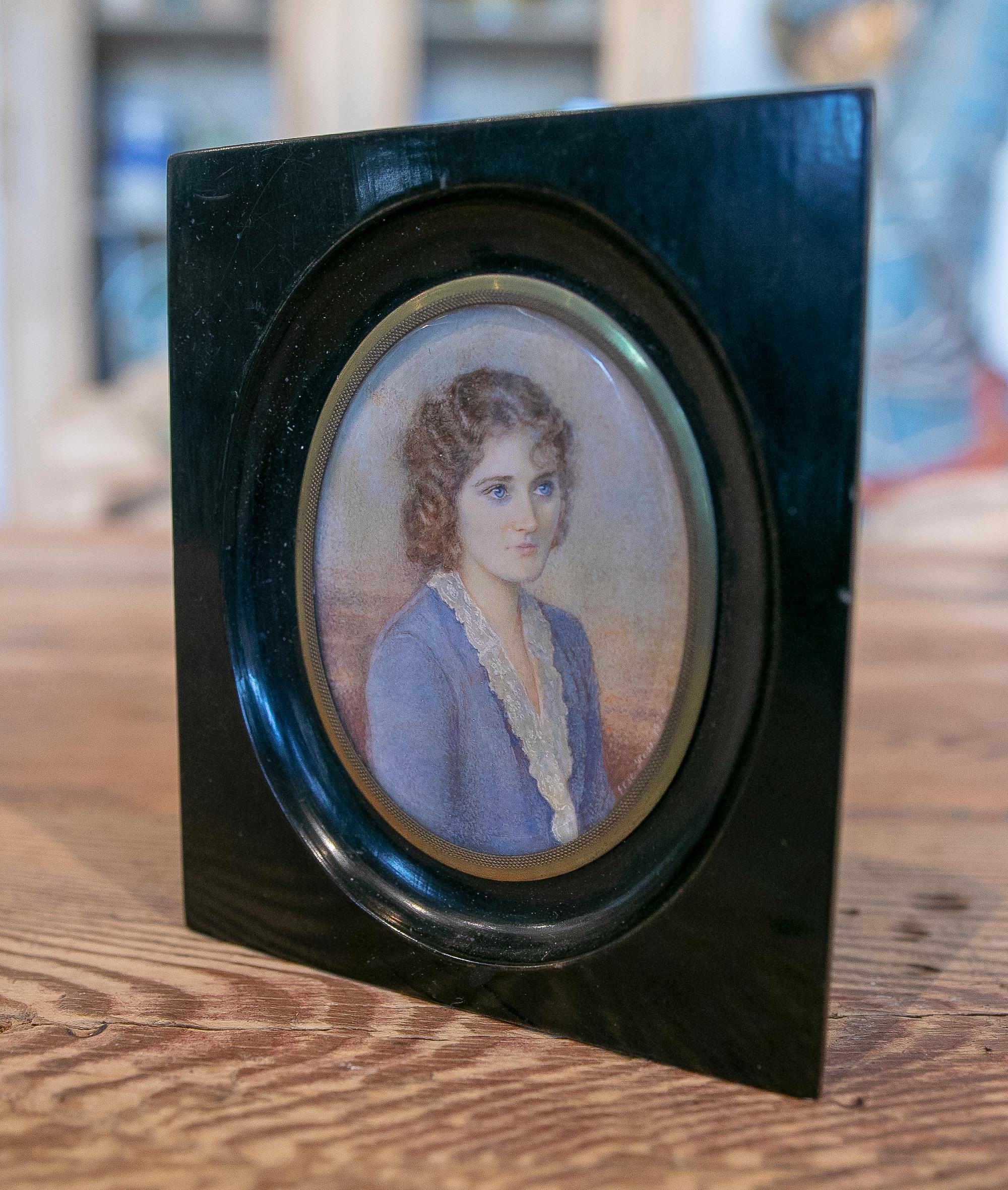 Spanish Miniature Signed and Framed Watercolour Portrait of a Woman For Sale