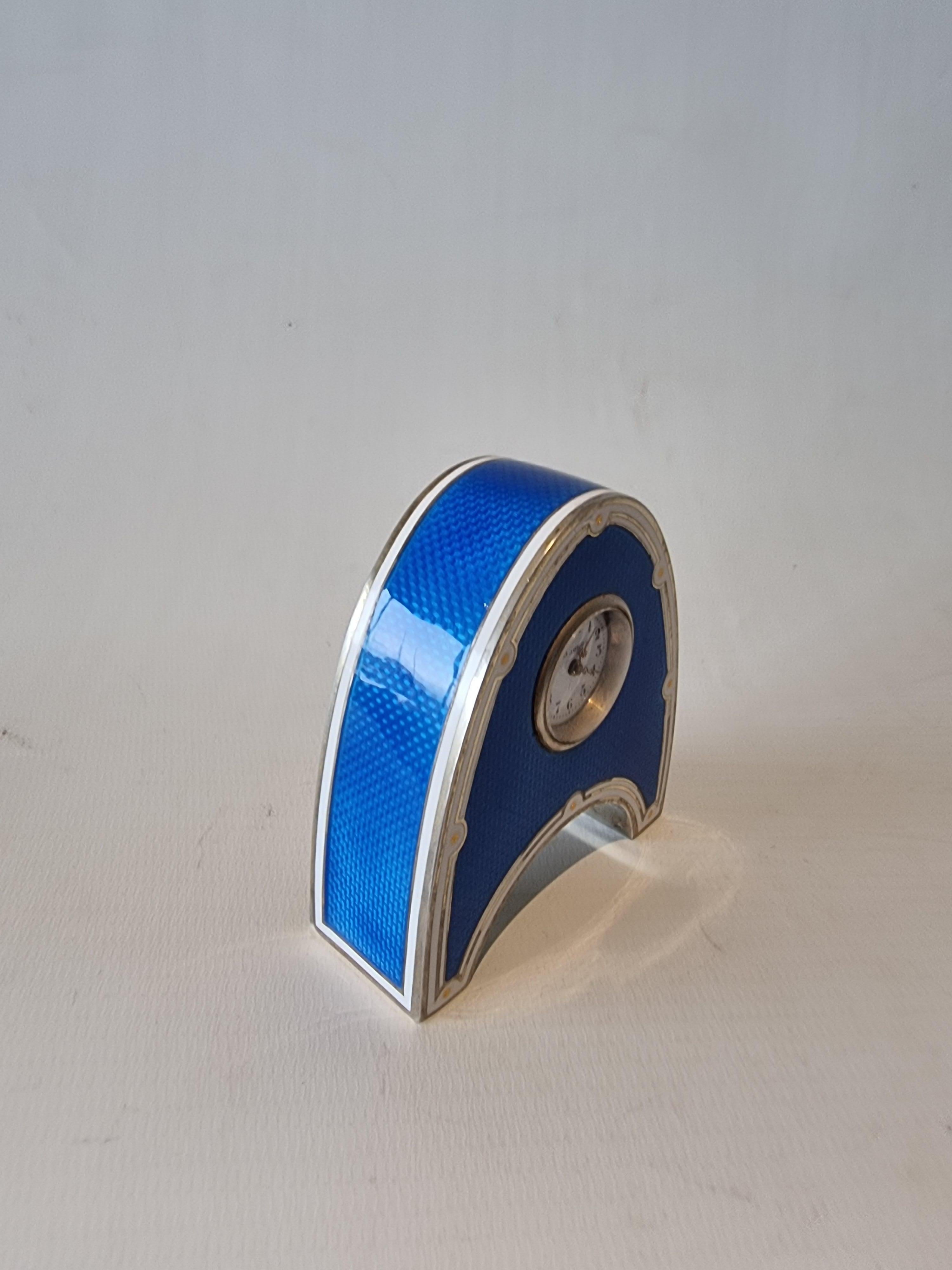 Miniature Silver and Blue Guilloche enamel Borne Carriage or Travel Clock In Good Condition For Sale In London, GB