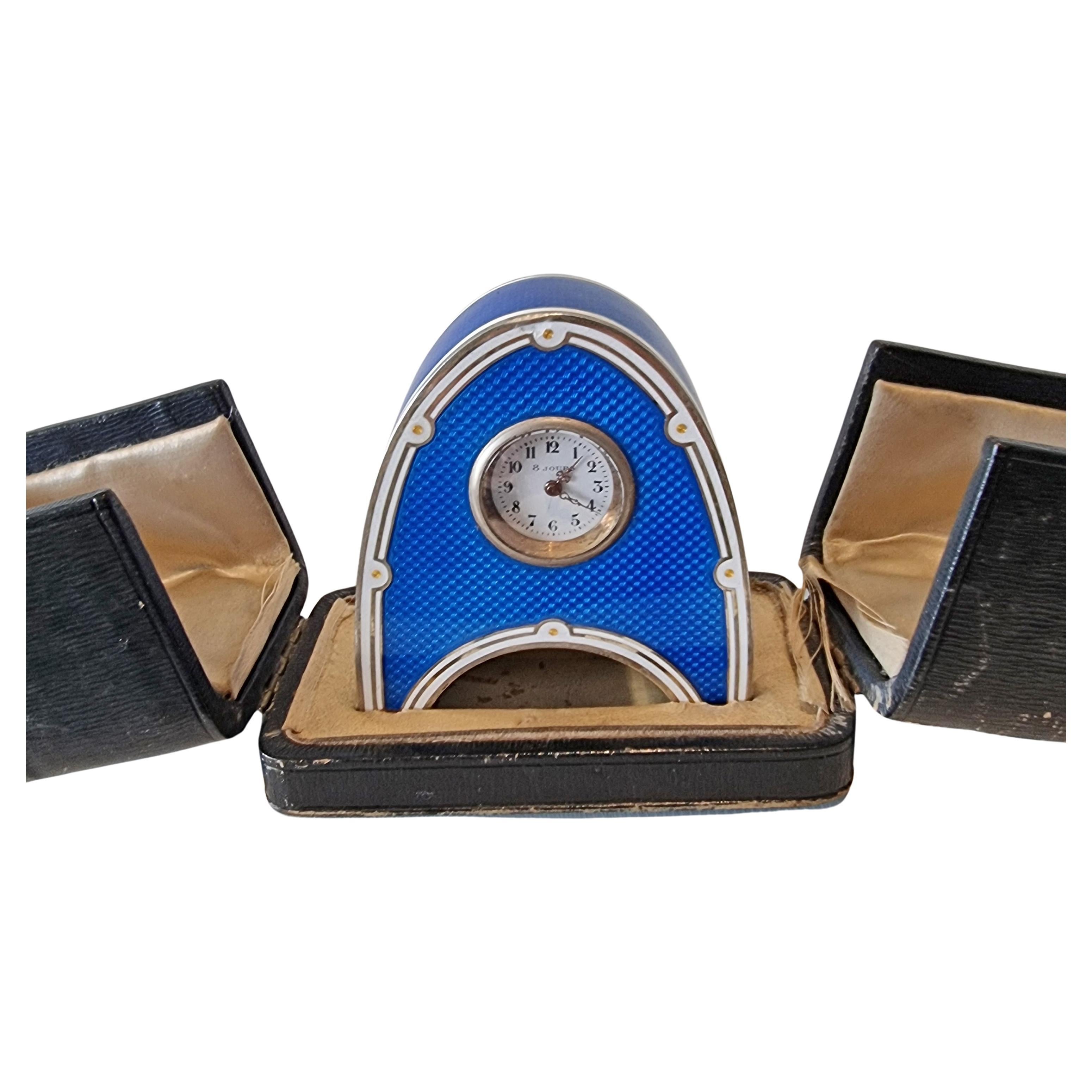 Miniature Silver and Blue Guilloche enamel Borne Carriage or Travel Clock For Sale