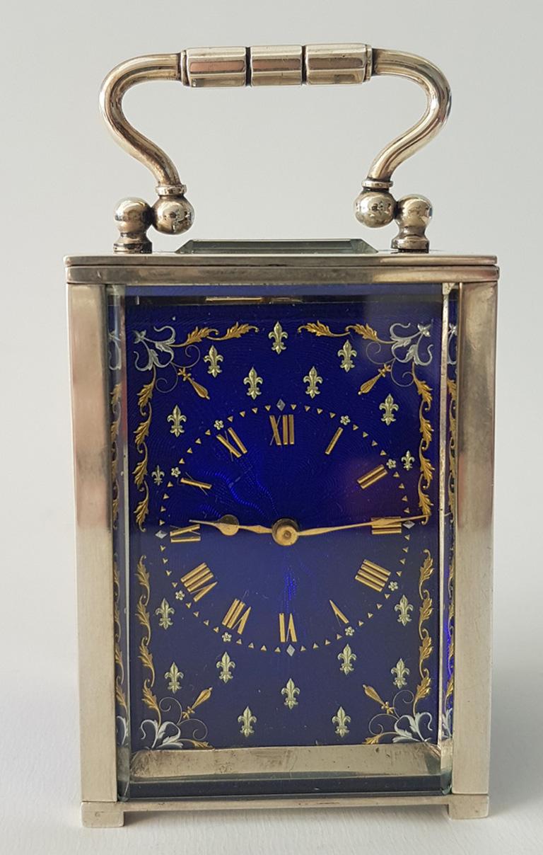 Miniature Silver and Guilloche Enamel Carriage or Boudoir Clock by W ...