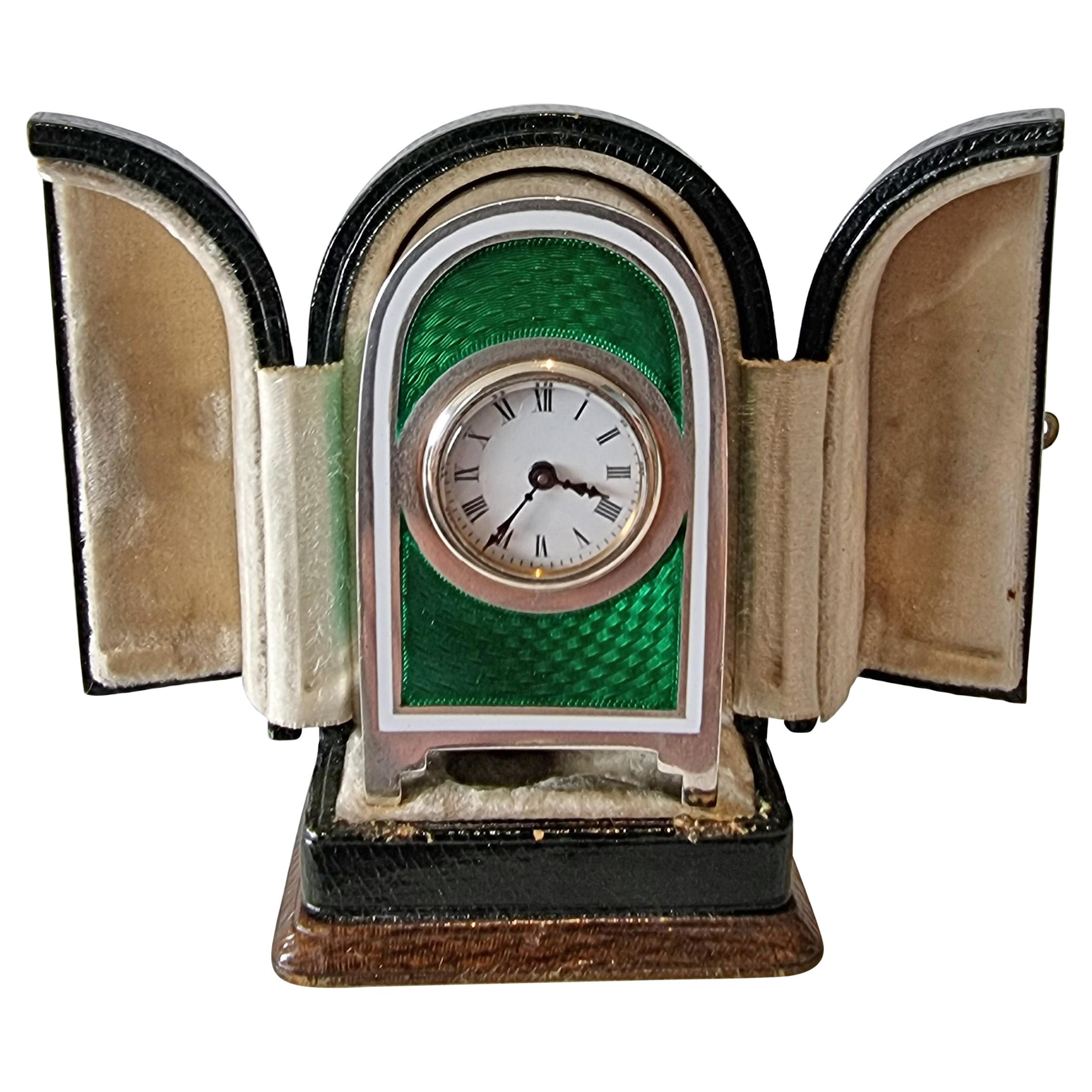 Miniature Silver and Guilloche Enamel Carriage or Travel Clock by Appay