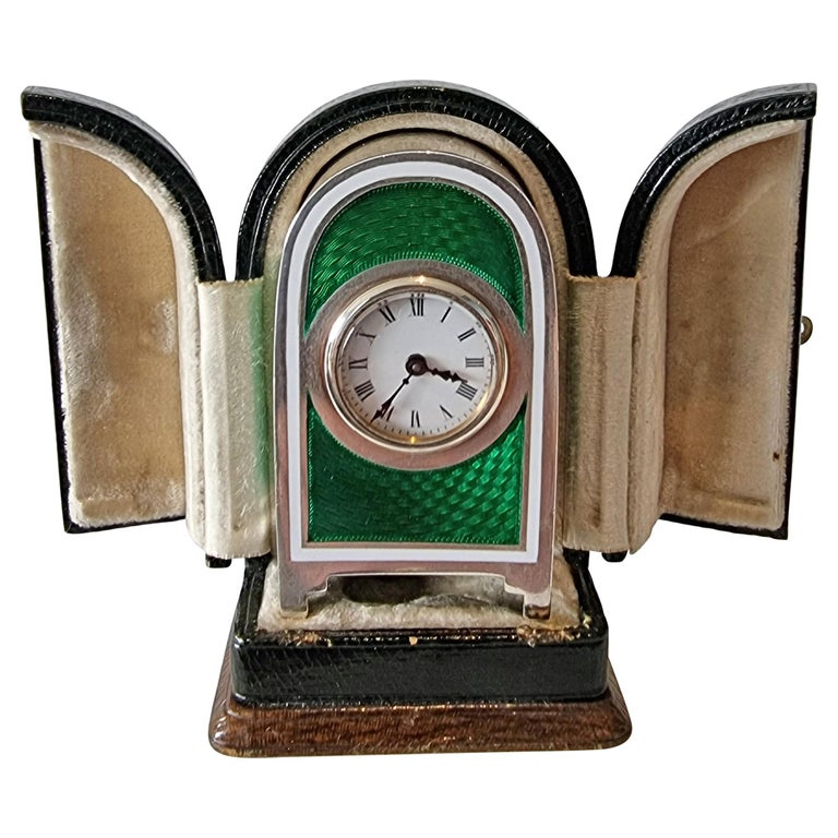 Miniature Silver and Guilloche Enamel Carriage or Travel Clock by Appay ...