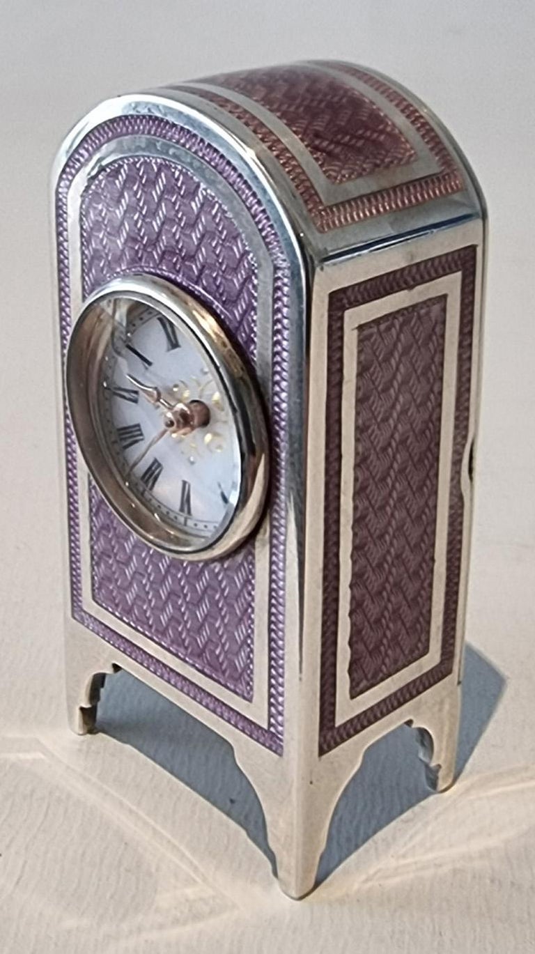 Miniature Silver and Purple Guilloche Enamel Carriage or Travel Clock ...