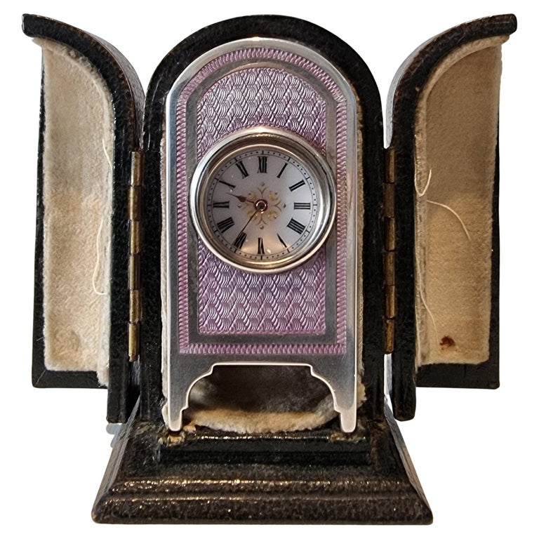 Miniature Silver and Purple Guilloche Enamel Carriage or Travel Clock ...