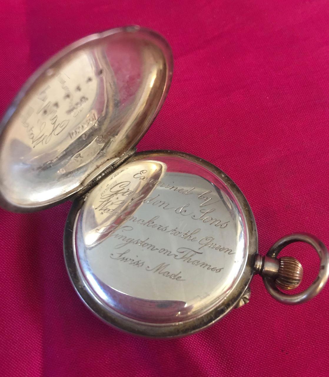 A miniature silver cased half hunter pocket watch. The enamel face has roman numerals on its dial and is stem-wound with a pin set. All parts of the watch is original and the watch is in great working condition. Circa 1880. 