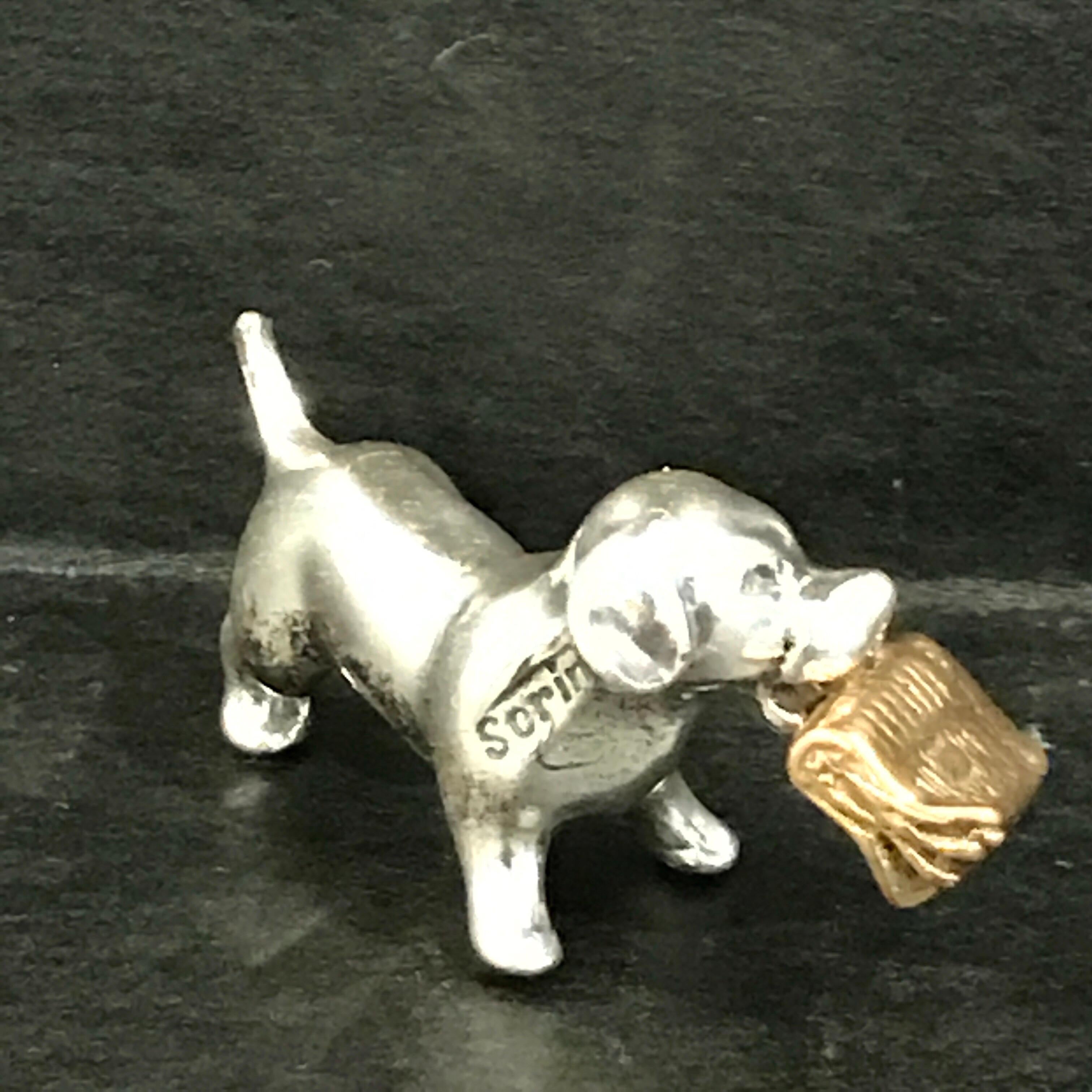 Italian Miniature Silver Dog with Vermeil Newspaper by Sorini For Sale