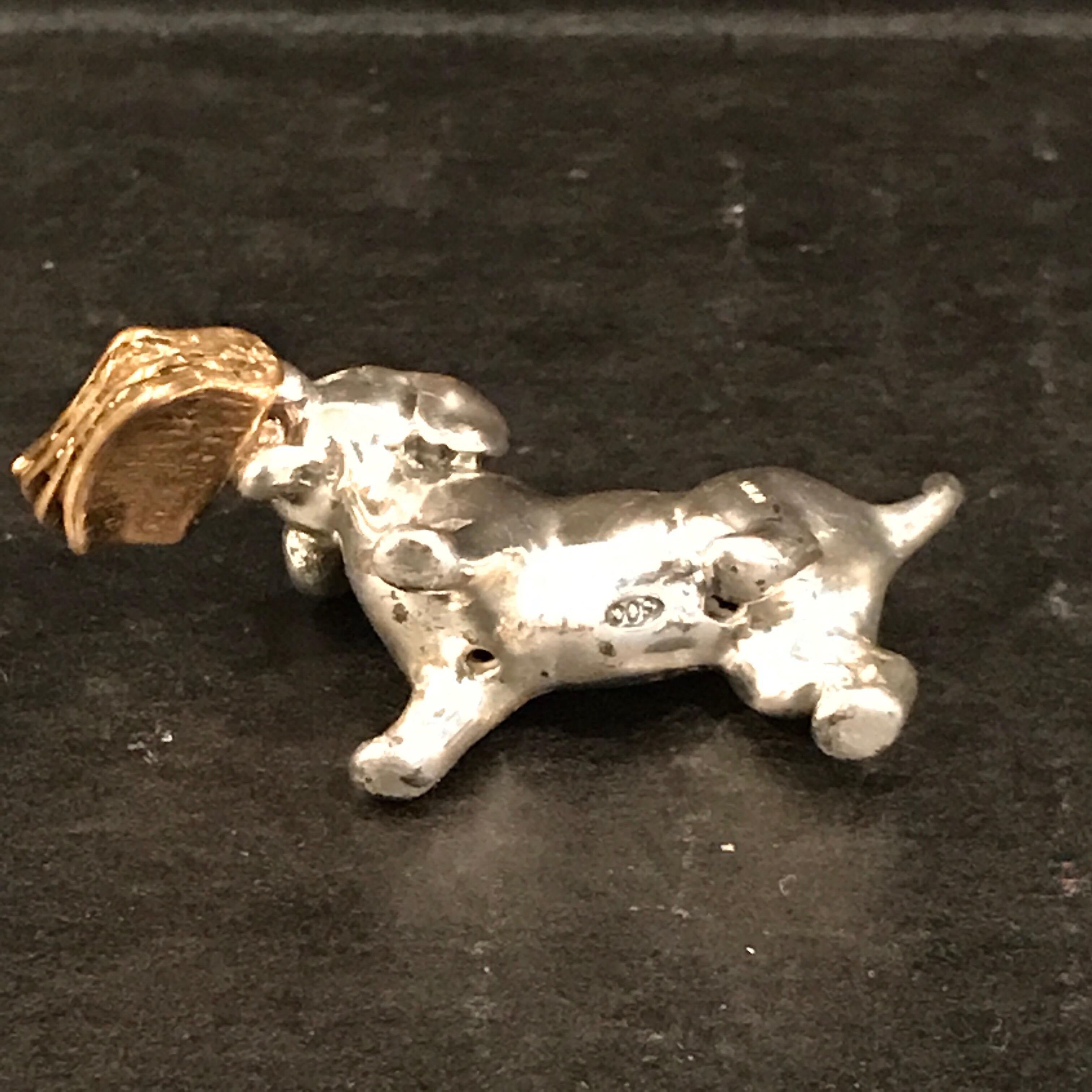 Cast Miniature Silver Dog with Vermeil Newspaper by Sorini For Sale