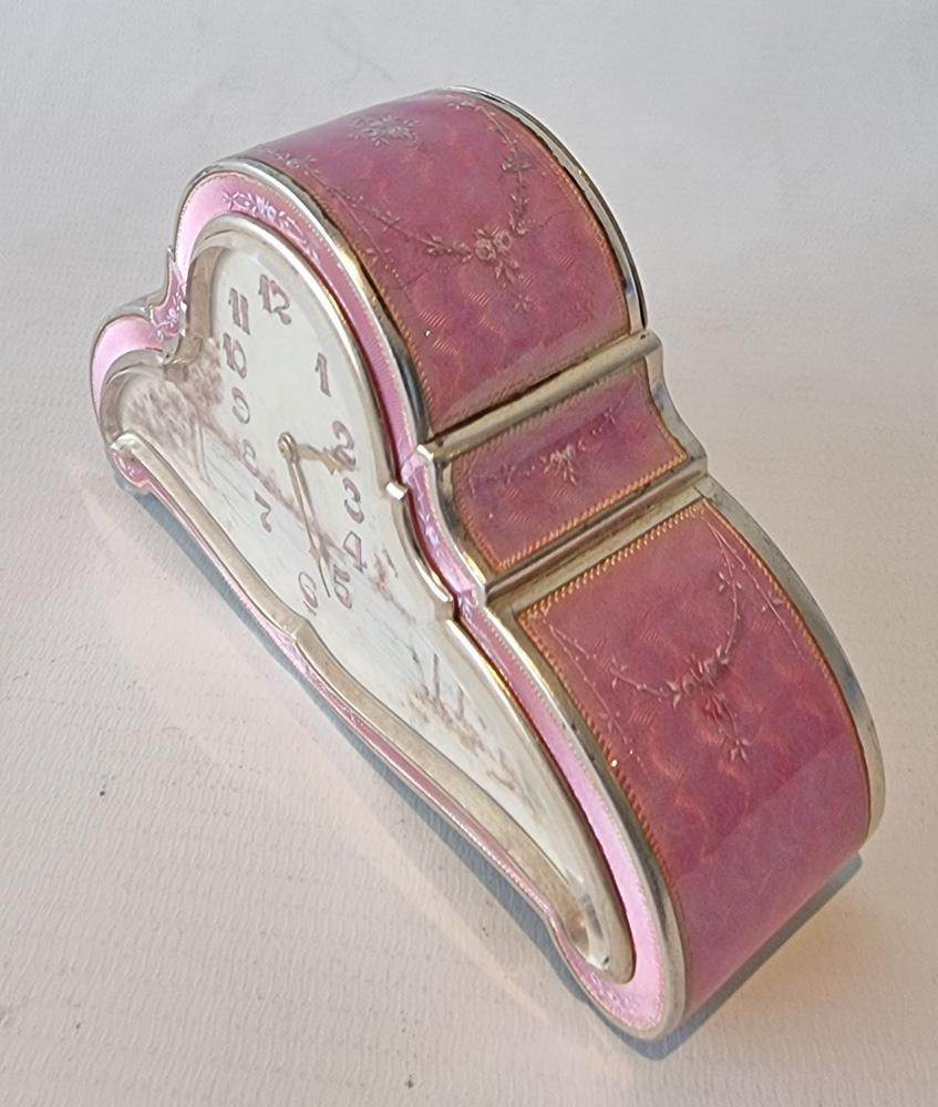 Swiss Miniature Silver  gilt and Pink Guilloche enamel Sub miniature Carriage Clock For Sale