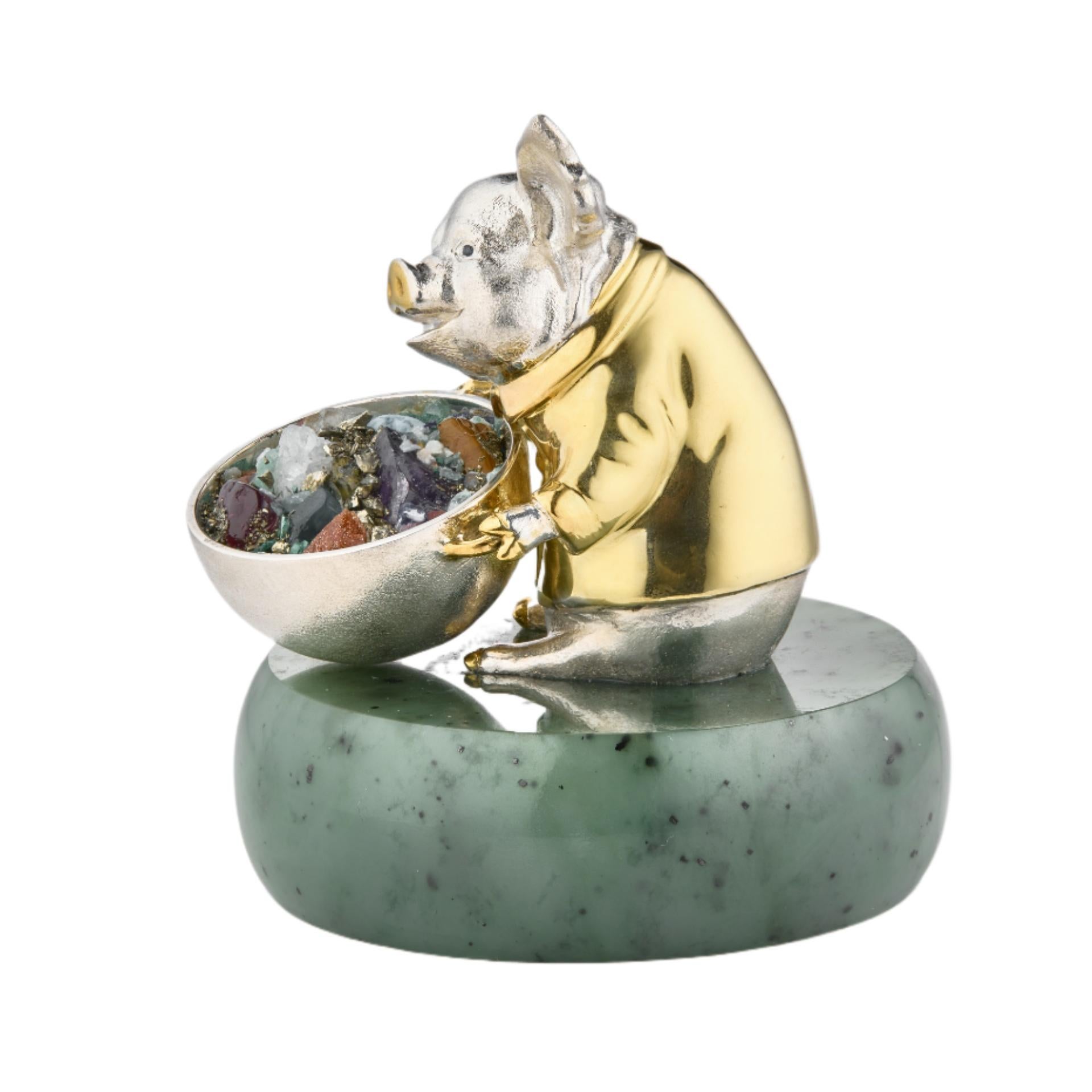 Vergoldeter Miniatur-Schweinekoch mit Gempot von MOISEIKIN (Zeitgenössisch) im Angebot