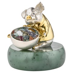 Miniature Silver Gold Plated Pig Chef with a Gempot by MOISEIKIN