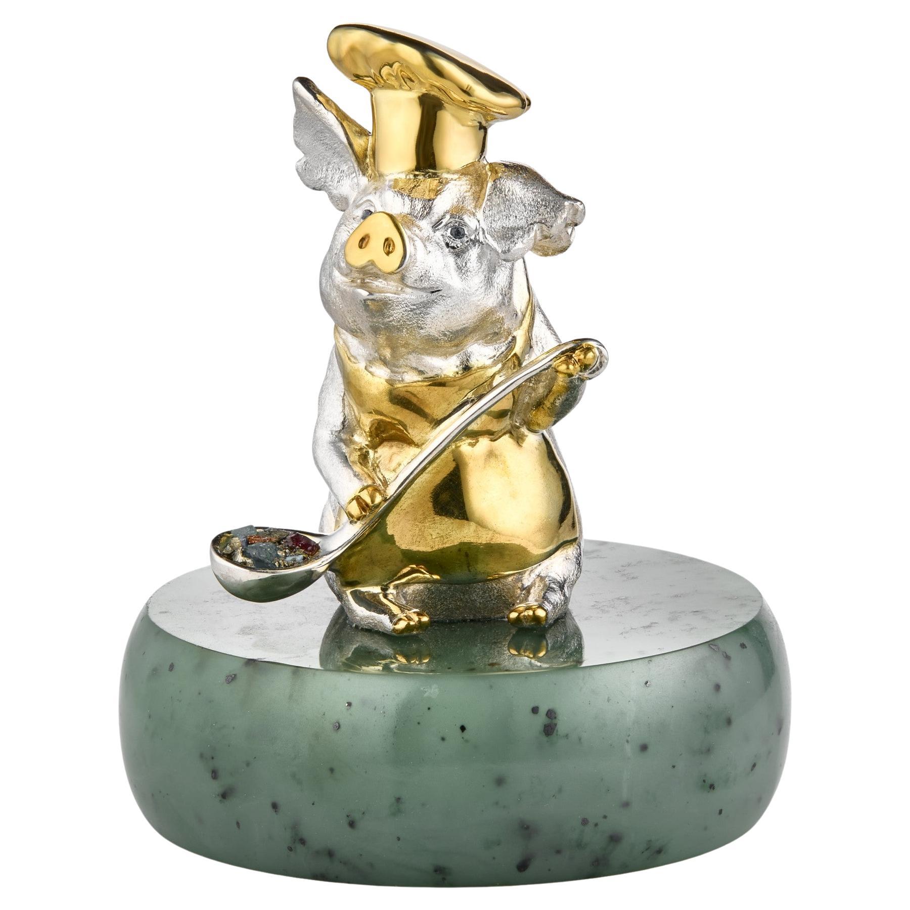 Miniatura de cerdo cocinero bañada en oro y plata con cucharón de MOISEIKIN