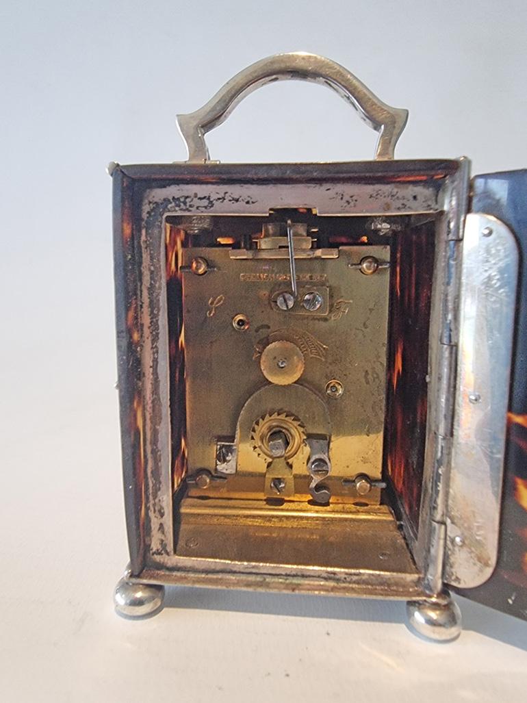 Miniature Silver Piquet and Tortoiseshell Carriage Clock by William Comyns For Sale 1