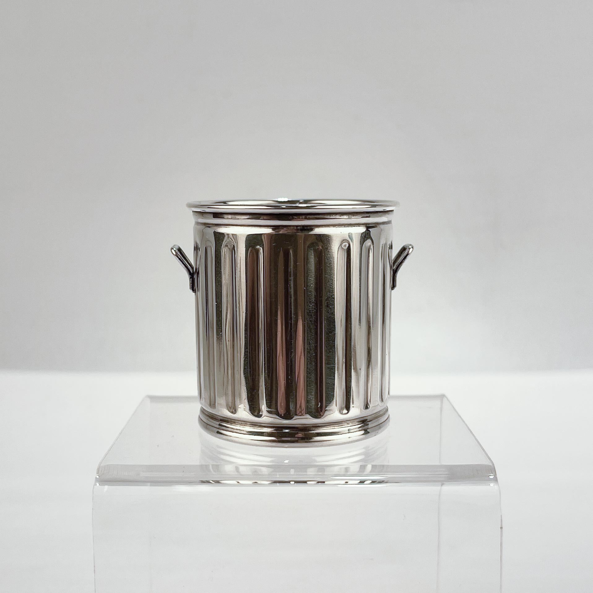 A vintage American cocktail spear or tooth pick holder.

In sterling silver in the form of a corrugated steel trash can.

Simply a great whimsical form!

Date:
Mid-20th Century

Overall Condition:
It is in overall good, as-pictured, used estate
