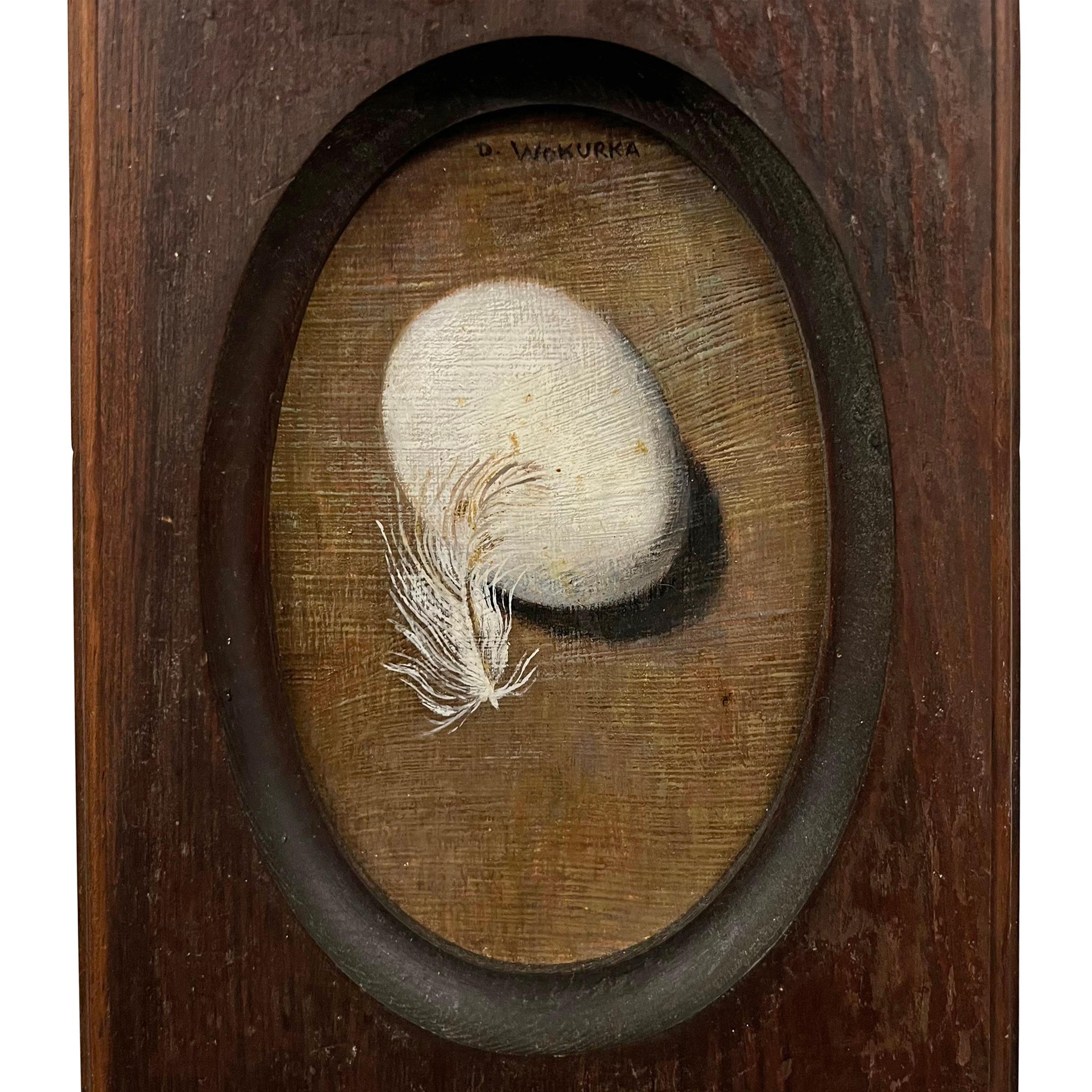 American Miniature Still Life Painting with Egg and Feather