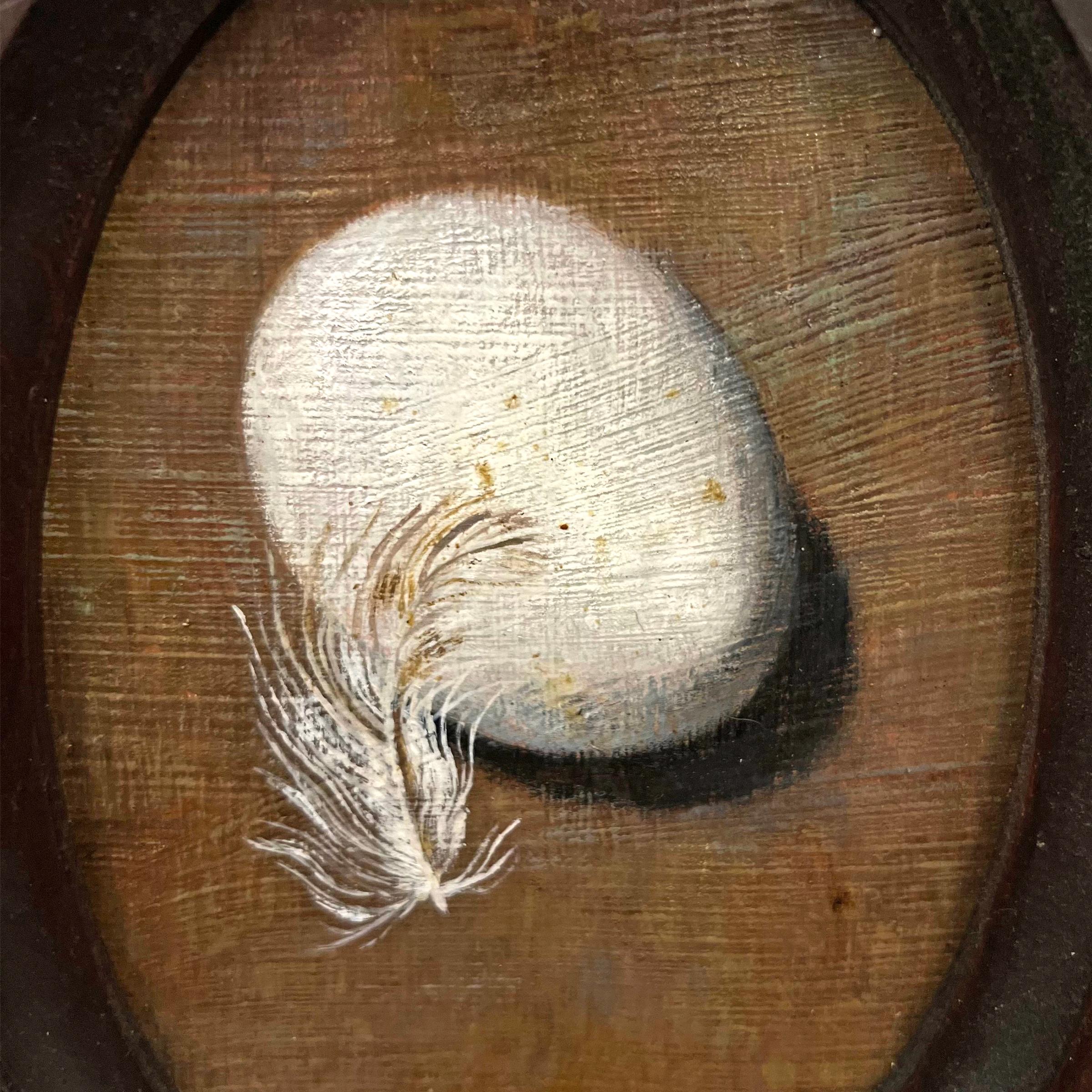 Hand-Painted Miniature Still Life Painting with Egg and Feather