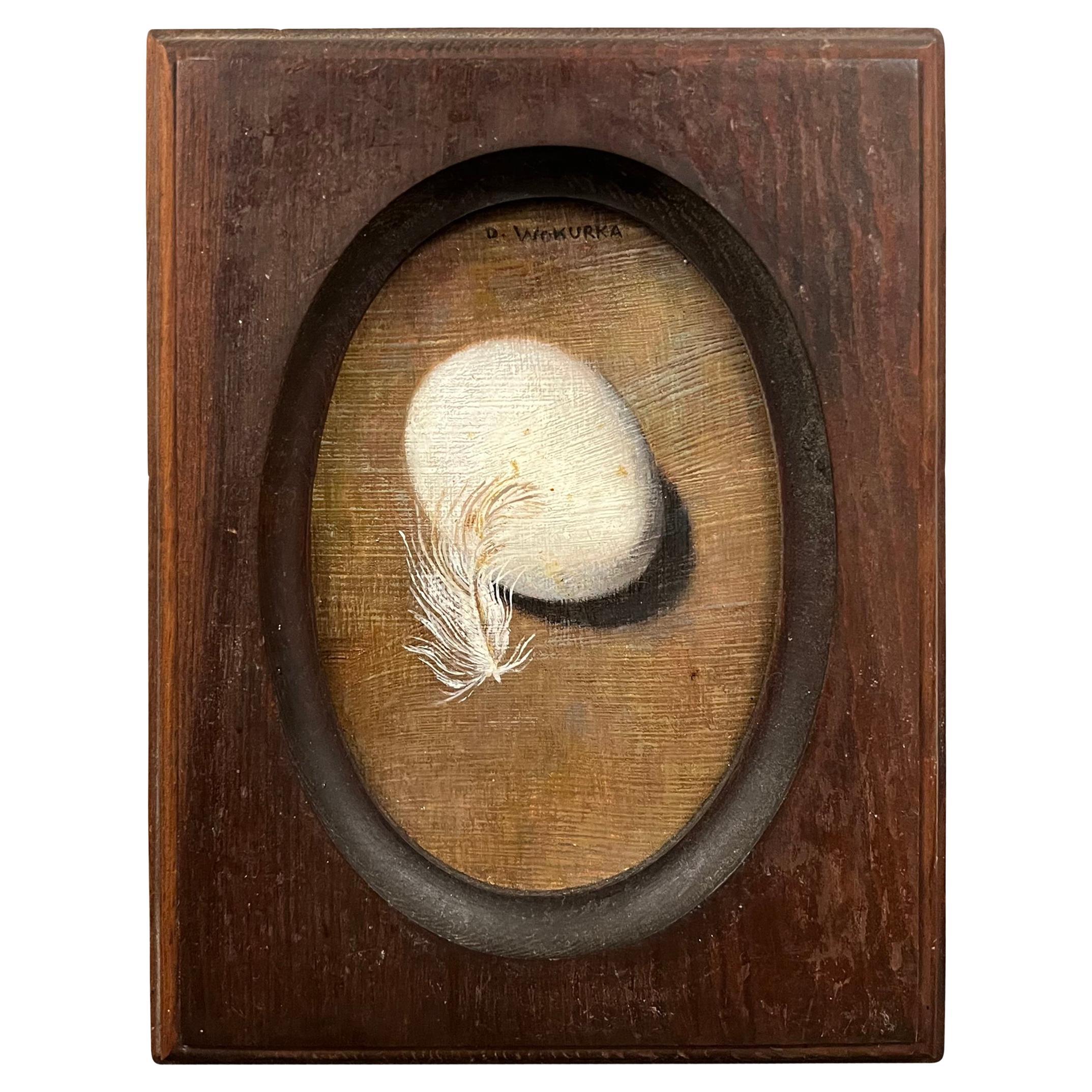 Miniature Still Life Painting with Egg and Feather