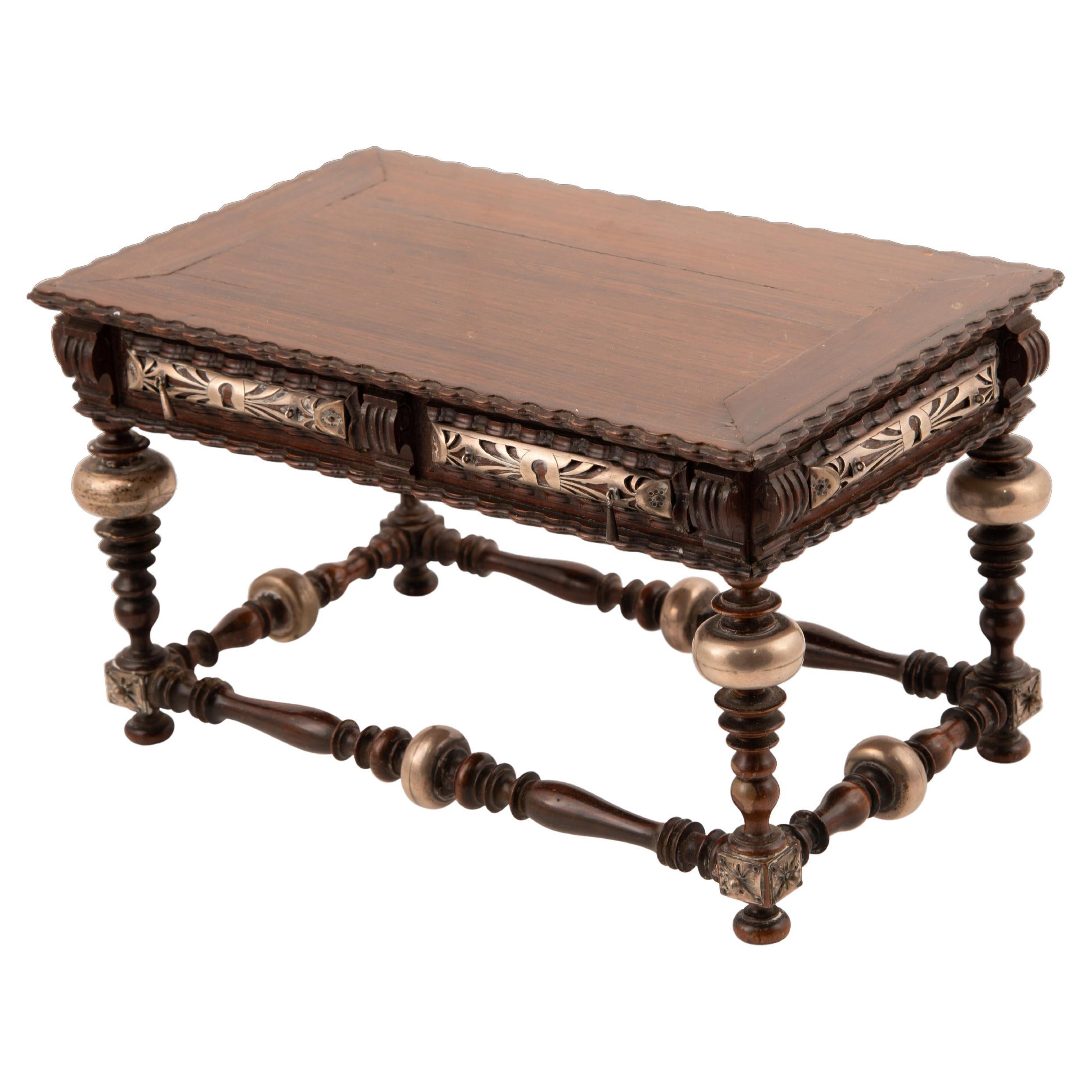 Miniature table. Wood, silver. Portugal, first half of the 20th century.