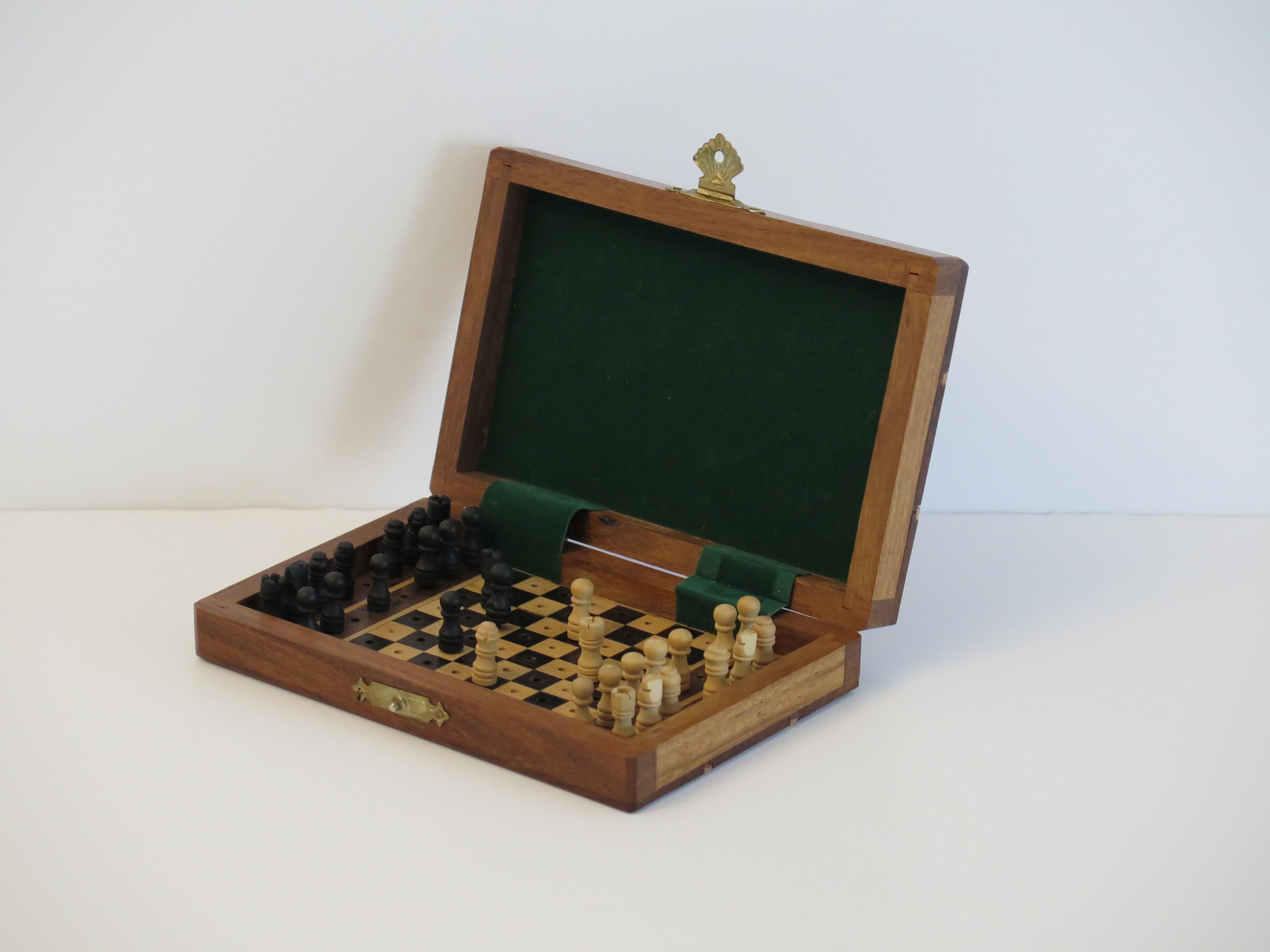 Folk Art Miniature Travelling Chess Set Game handmade in walnut Inlaid box, circa 1940s For Sale