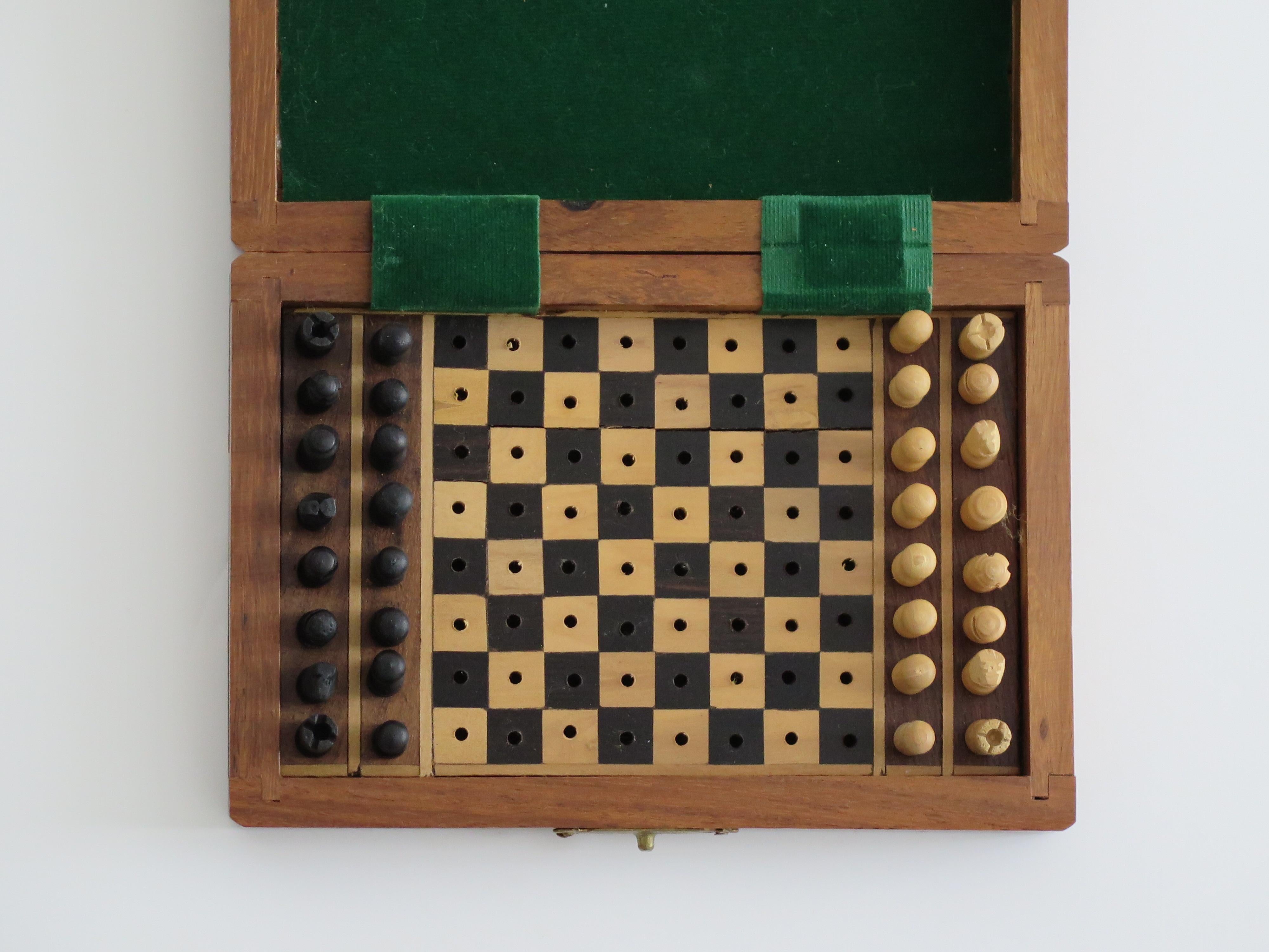 Brass Miniature Travelling Chess Set Game handmade in walnut Inlaid box, circa 1940s For Sale