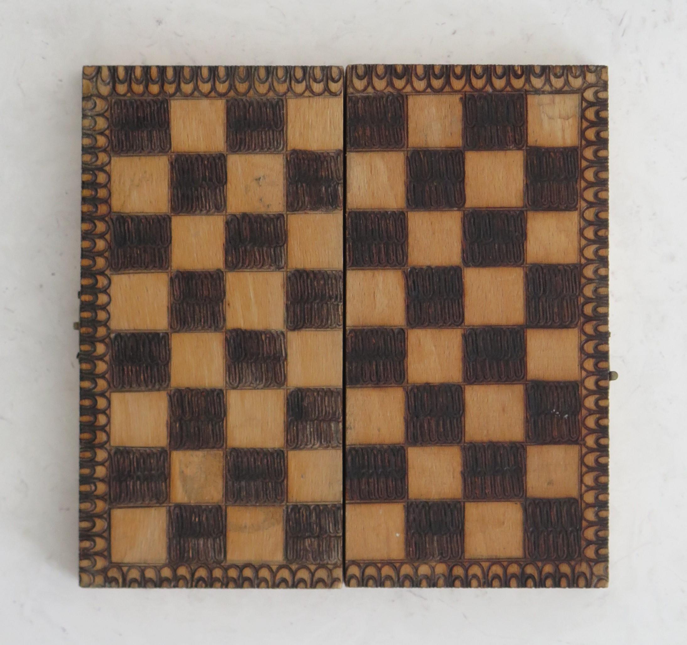 British Miniature Travelling Chess Set Game handmade & Pokerwork Board / Box, Circa 1900 For Sale