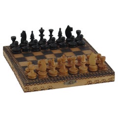 Miniature Travelling Chess Set Game handmade & Pokerwork Board / Box, Circa 1900