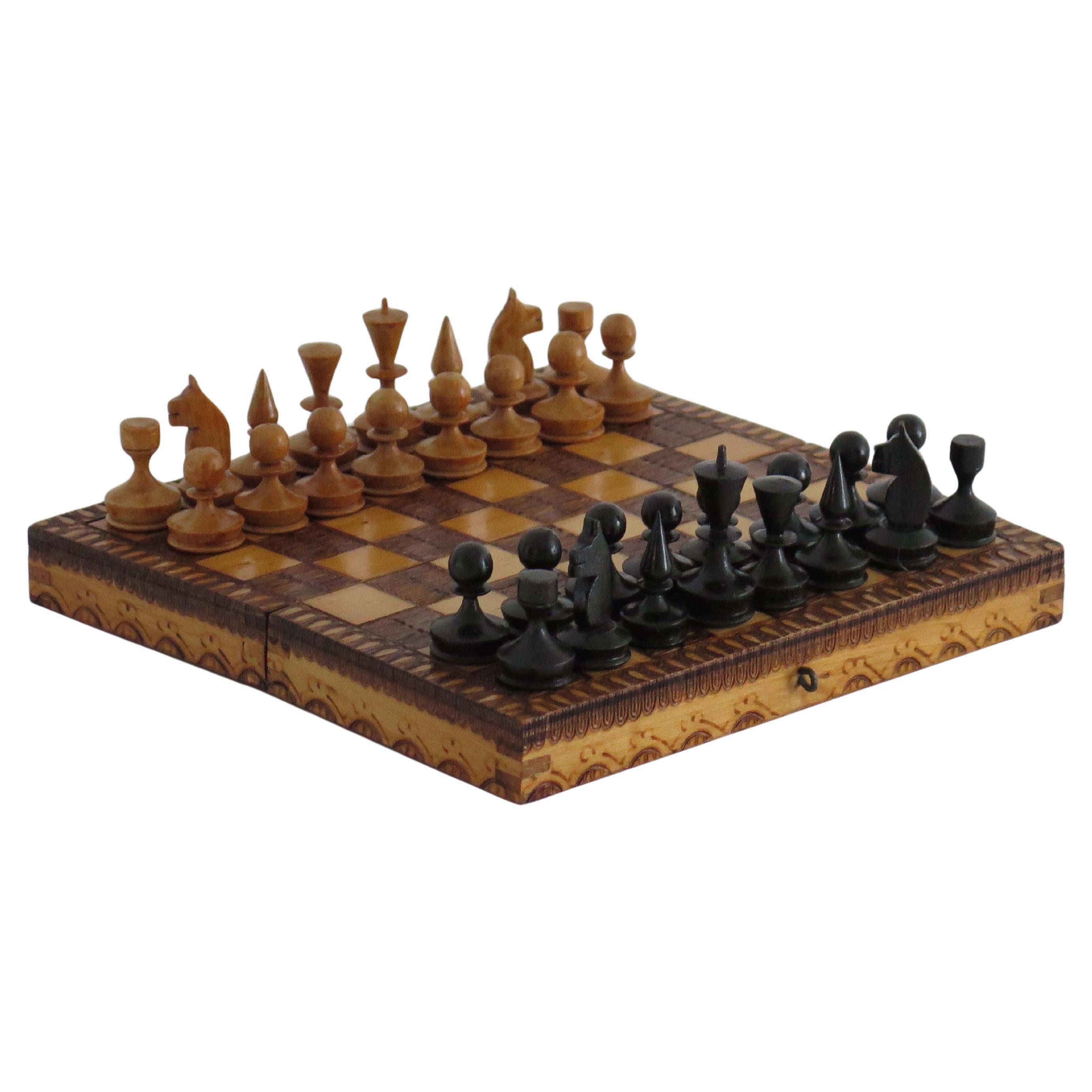 Miniature Travelling Chess Set Game handmade & Pokerwork Board / Box, Circa 1910