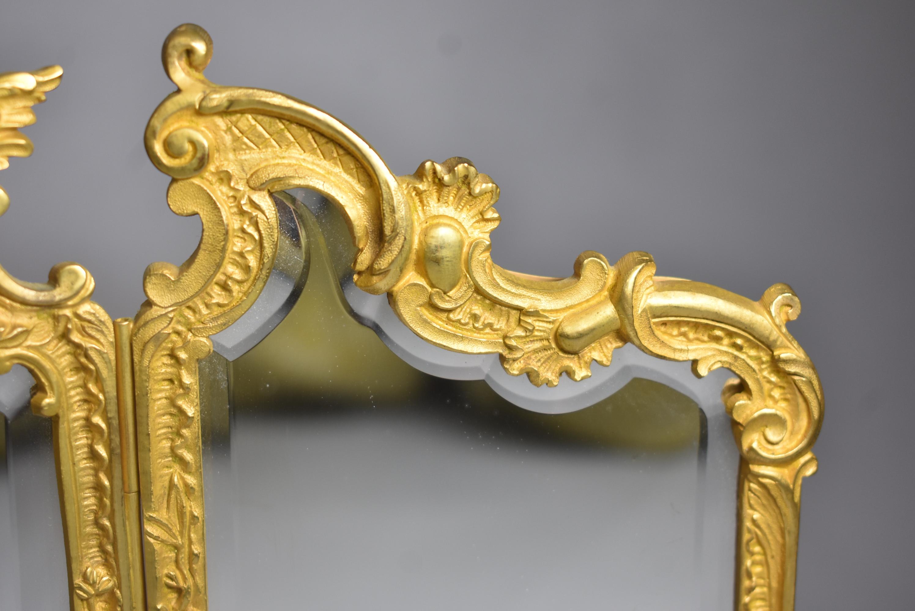 Baroque Miniature Triptych Gold Doré Dresser Top Beveled Mirror Female Figural Face