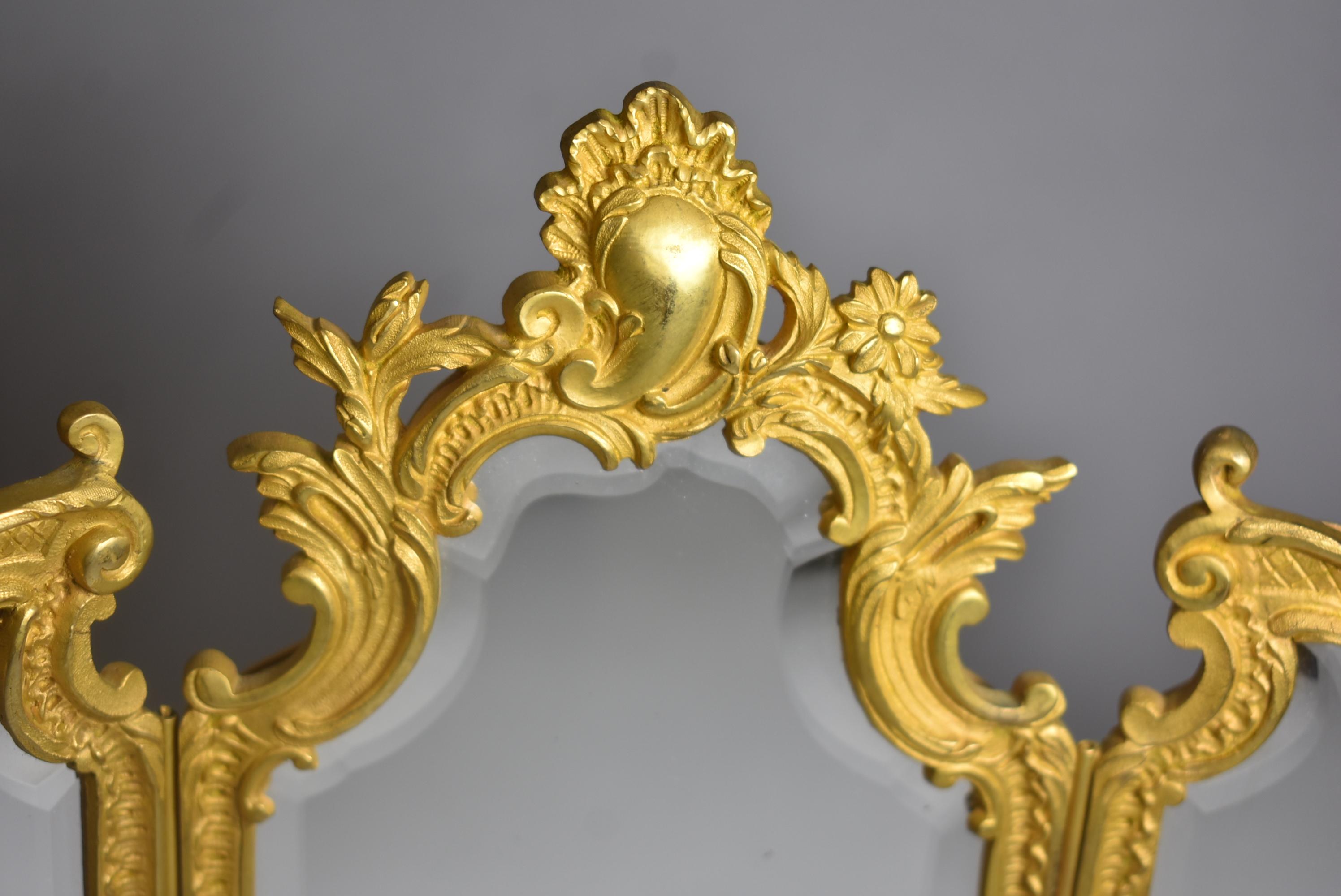 Unknown Miniature Triptych Gold Doré Dresser Top Beveled Mirror Female Figural Face
